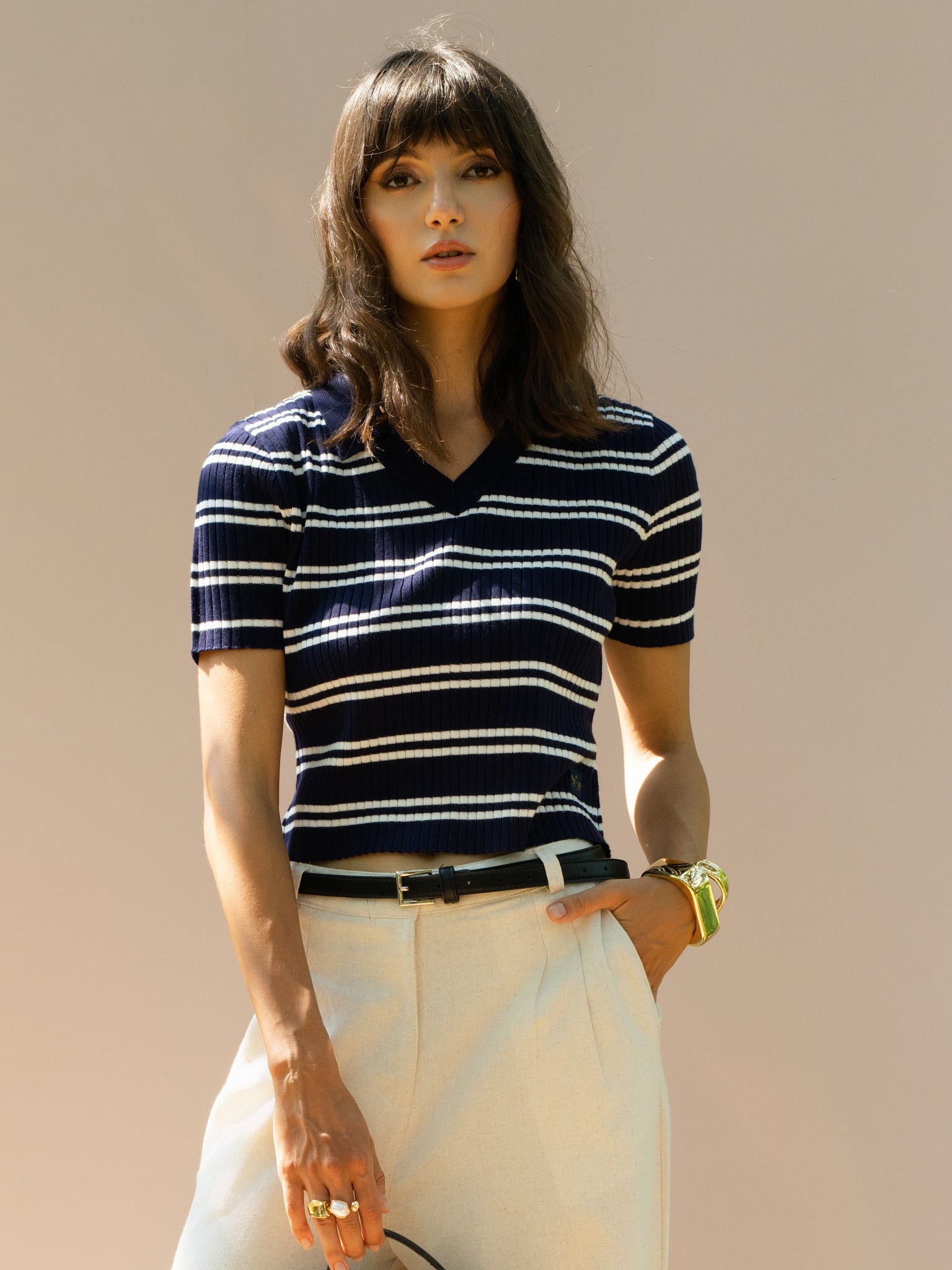 DEEDAT PORTOFINO Women's Striped Polo Tees - Navy