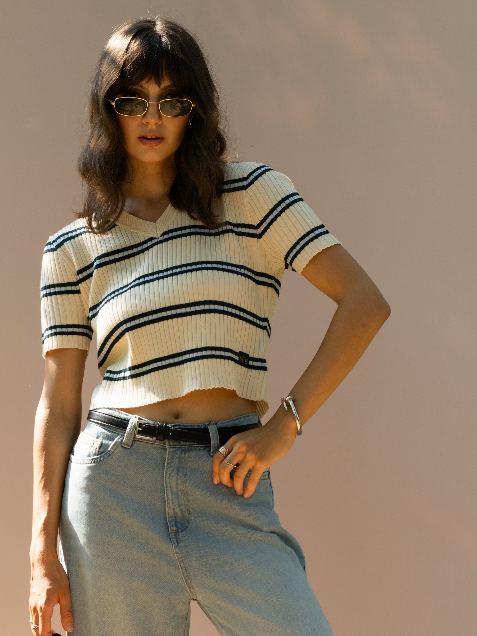 DEEDAT PORTOFINO Women's Striped Polo Tees – Beige