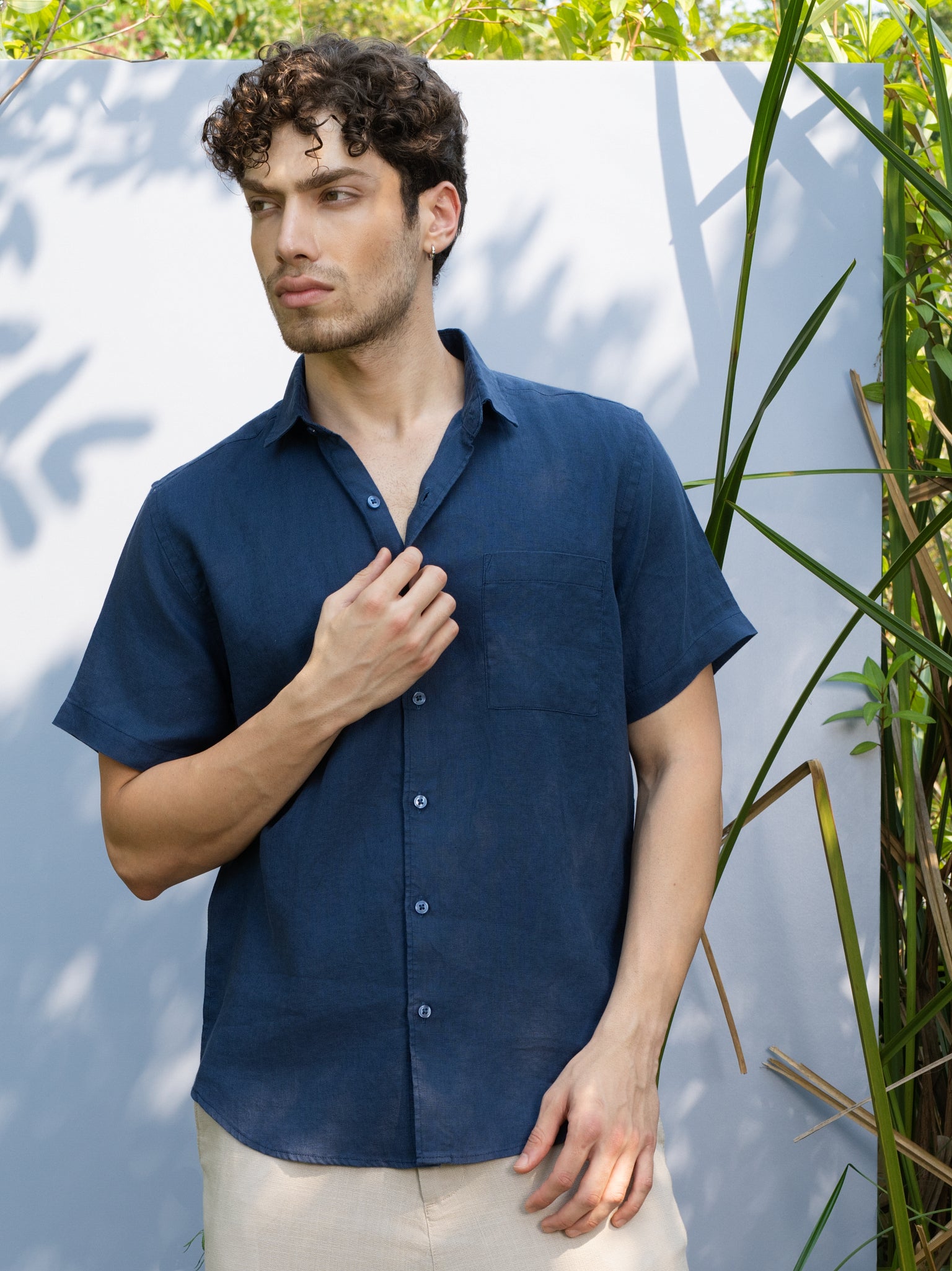 DEEDAT Regular Fit Linen Casual Shirt - Navy