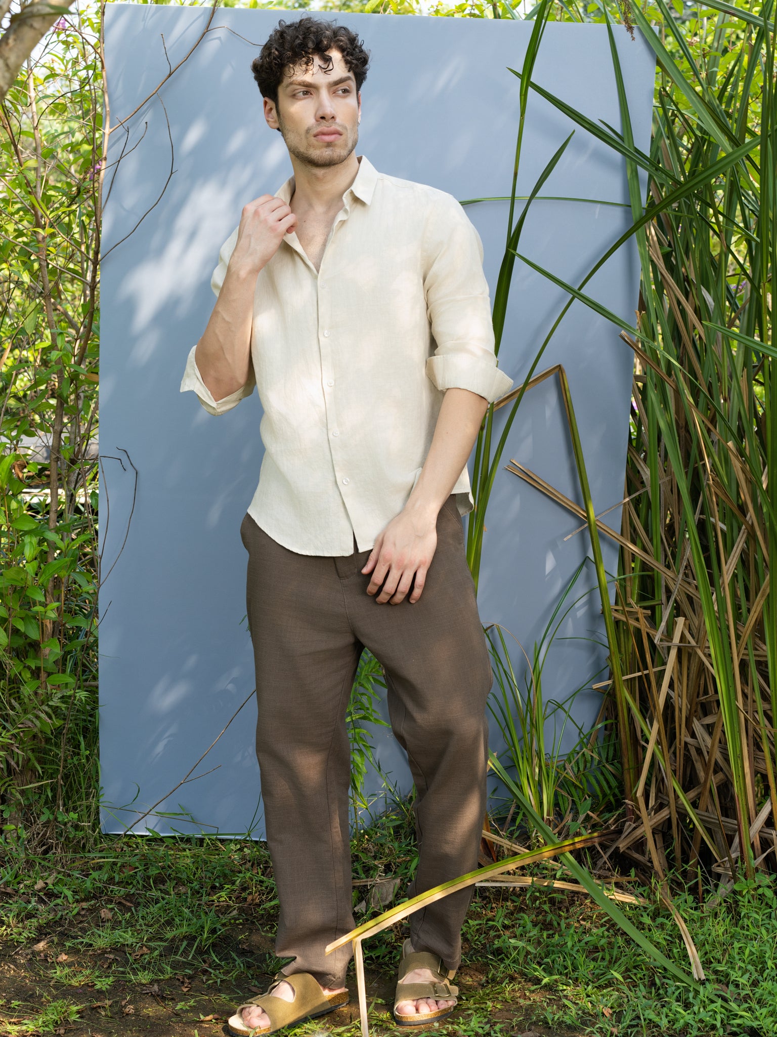 DEEDAT Regular Fit Linen Casual Shirt - Beige