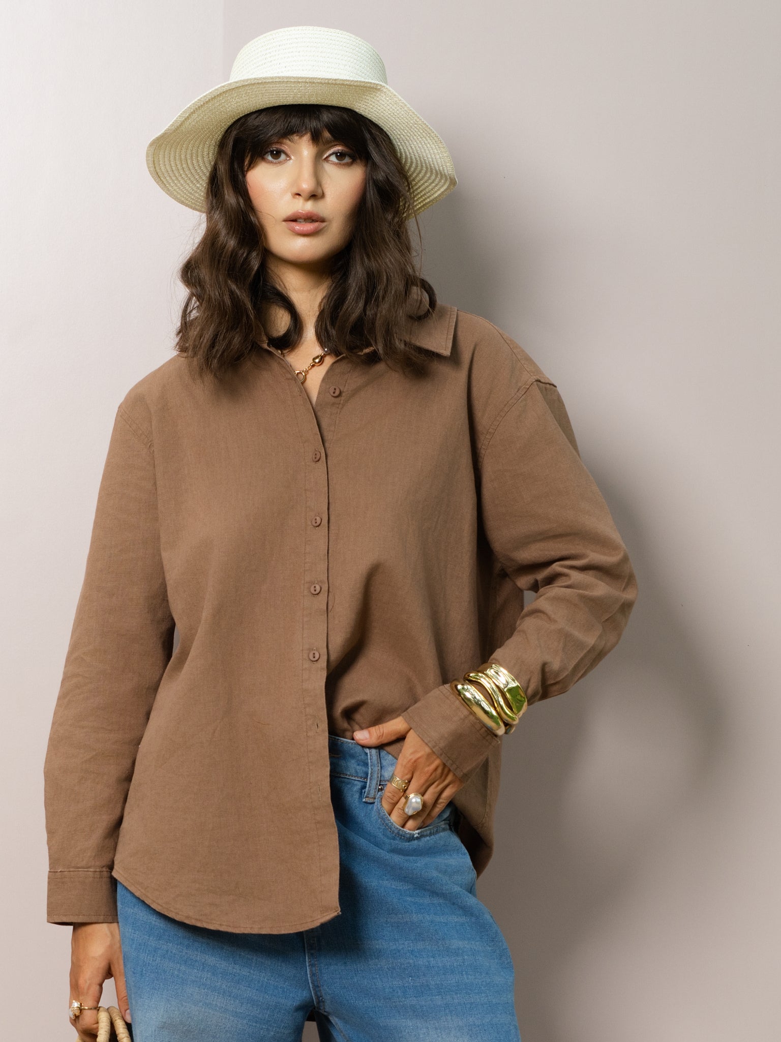 DEEDAT PORTOFINO Oversize Linen Casual Blouse - Brown