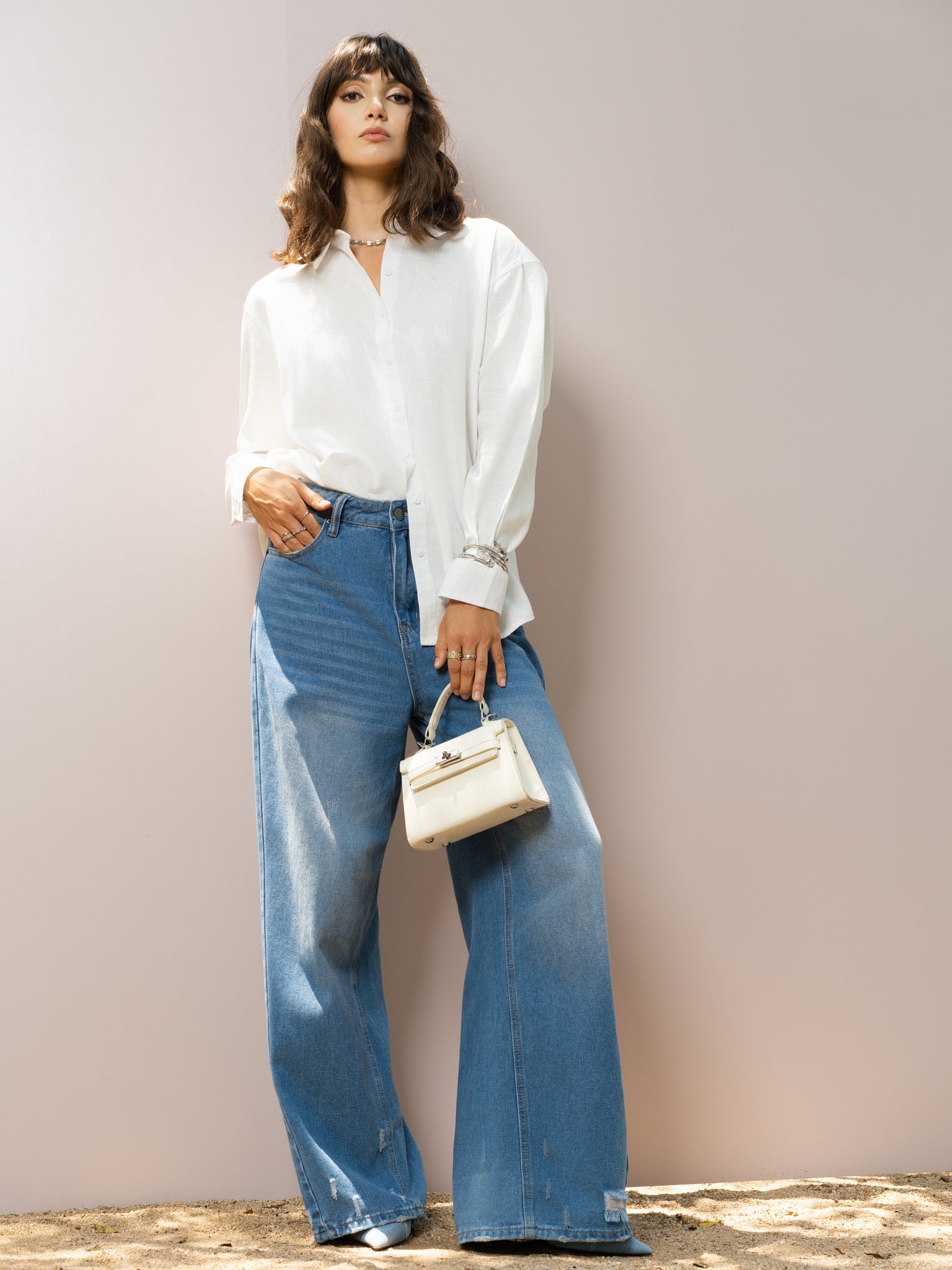 DEEDAT PORTOFINO Oversize Linen Casual Blouse - White