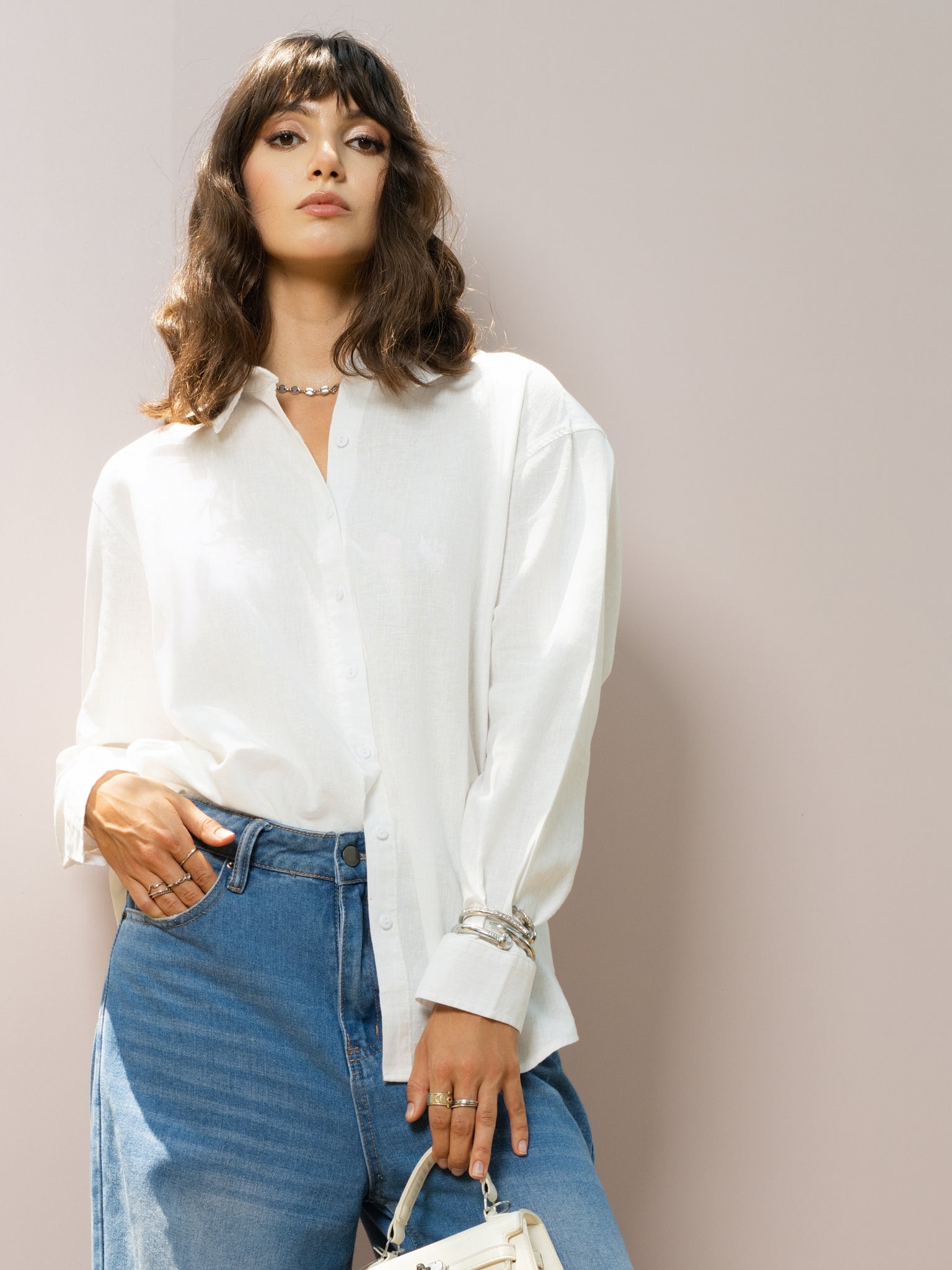 DEEDAT PORTOFINO Oversize Linen Casual Blouse - White