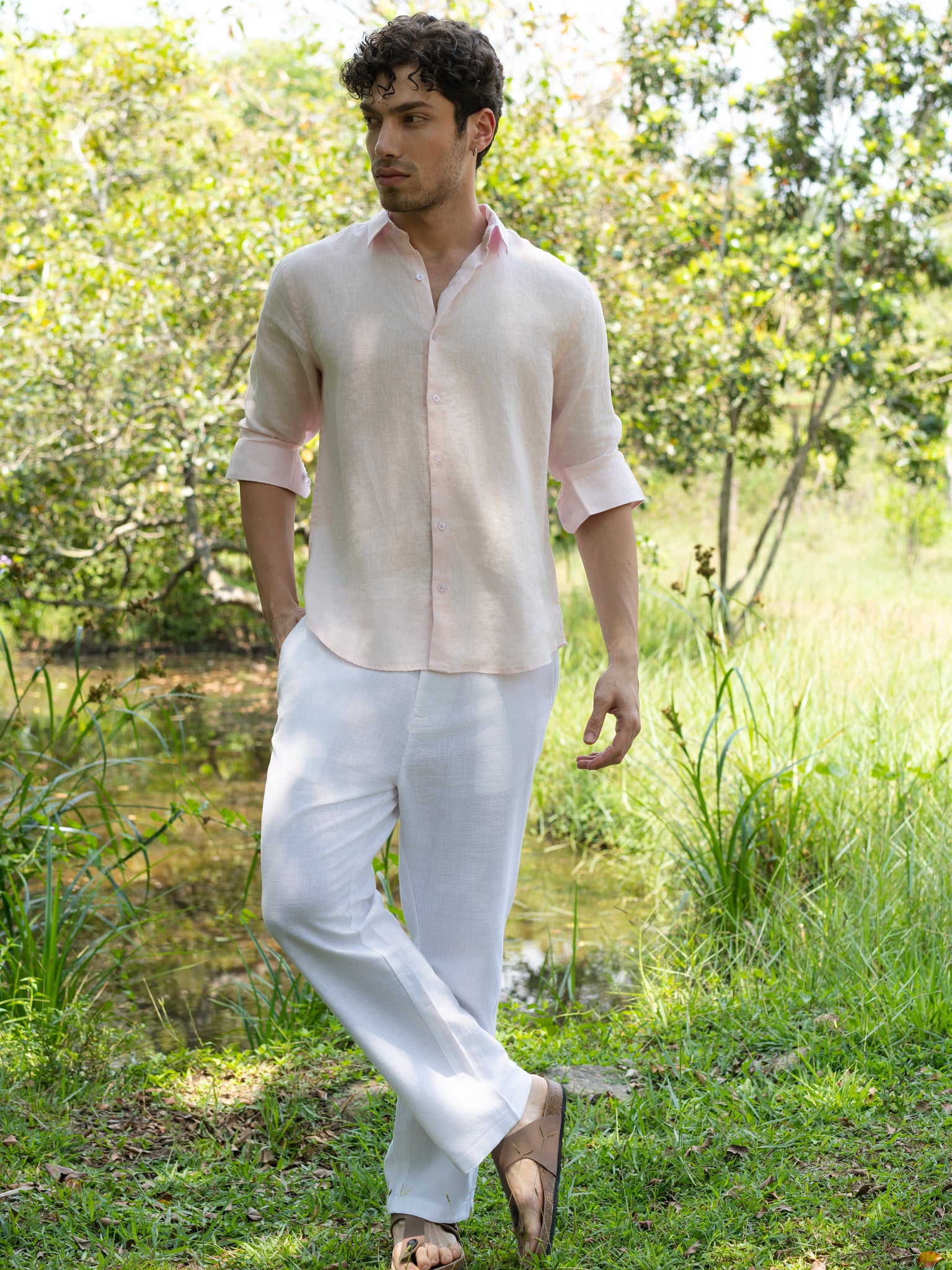 DEEDAT Regular Fit Linen Casual Shirt - Light Pink