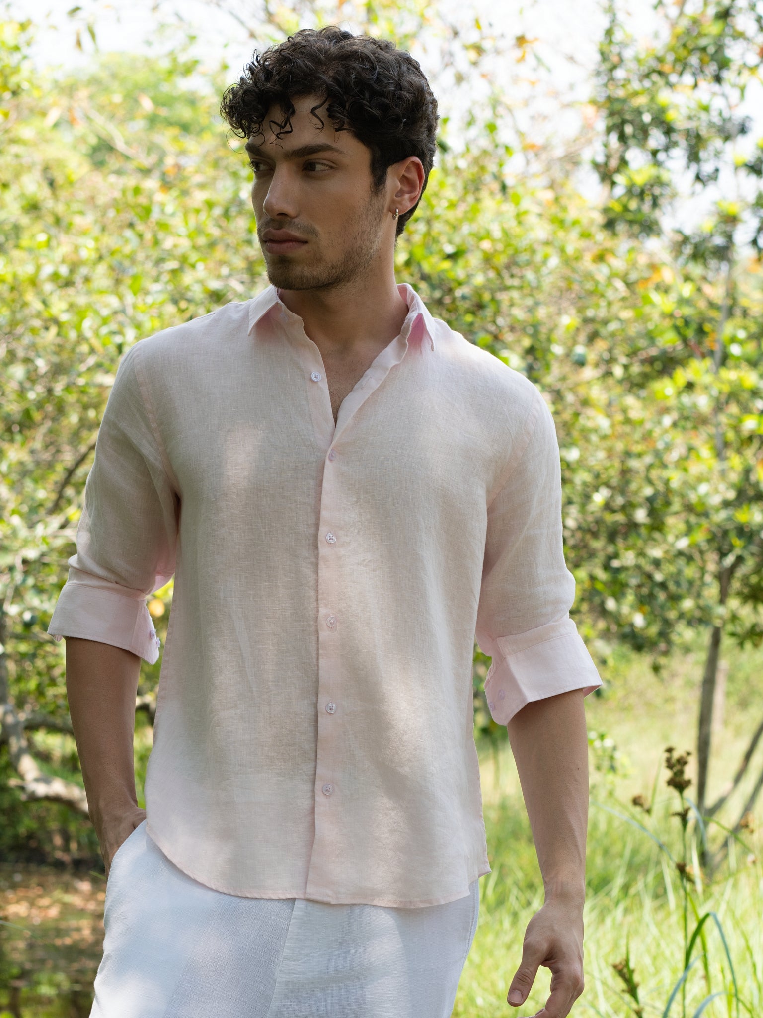 DEEDAT Regular Fit Linen Casual Shirt - Light Pink