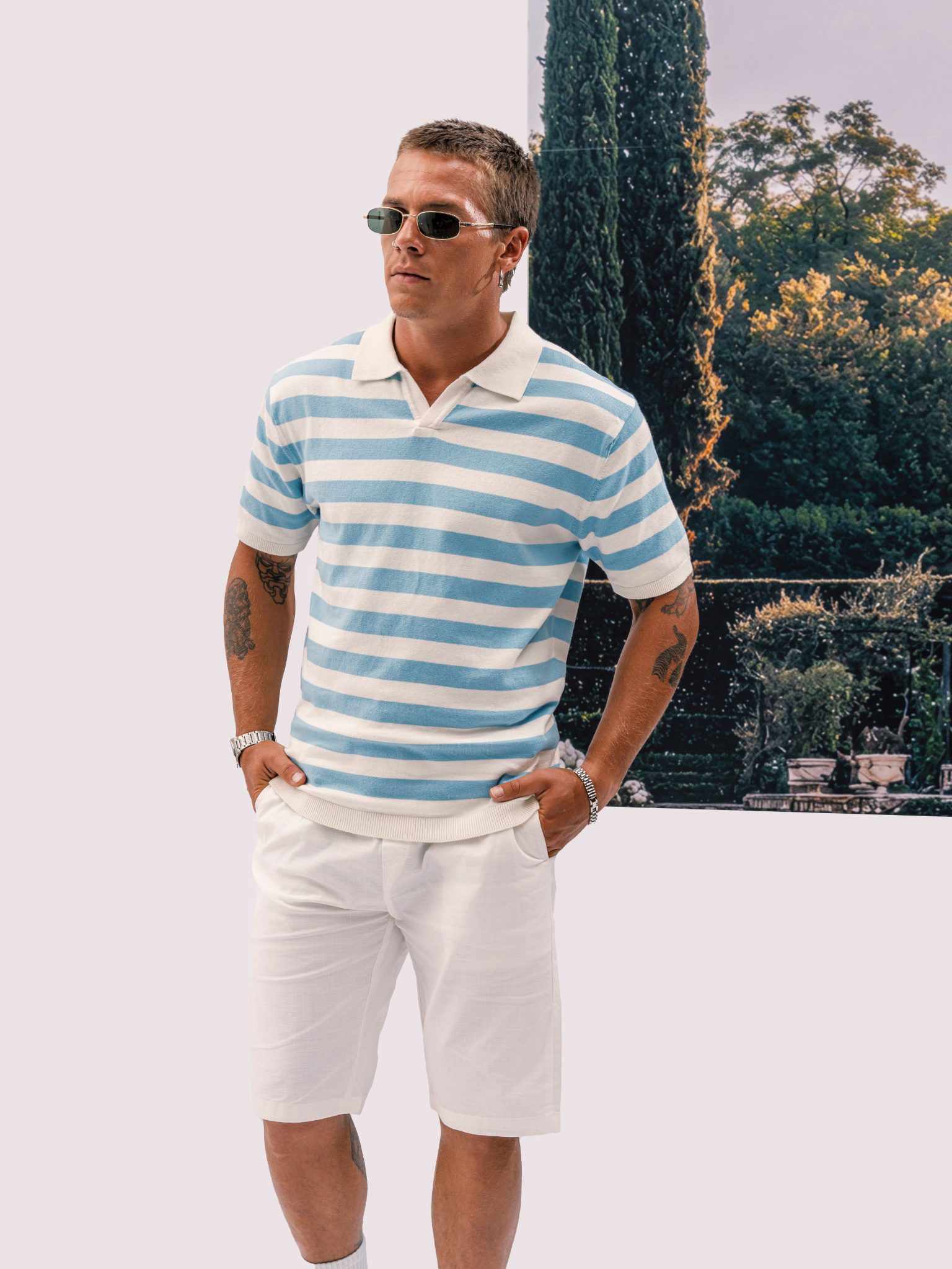 DEEDAT PORTOFINO Short Sleeve Polo Slim Fit Tees - White/light blue