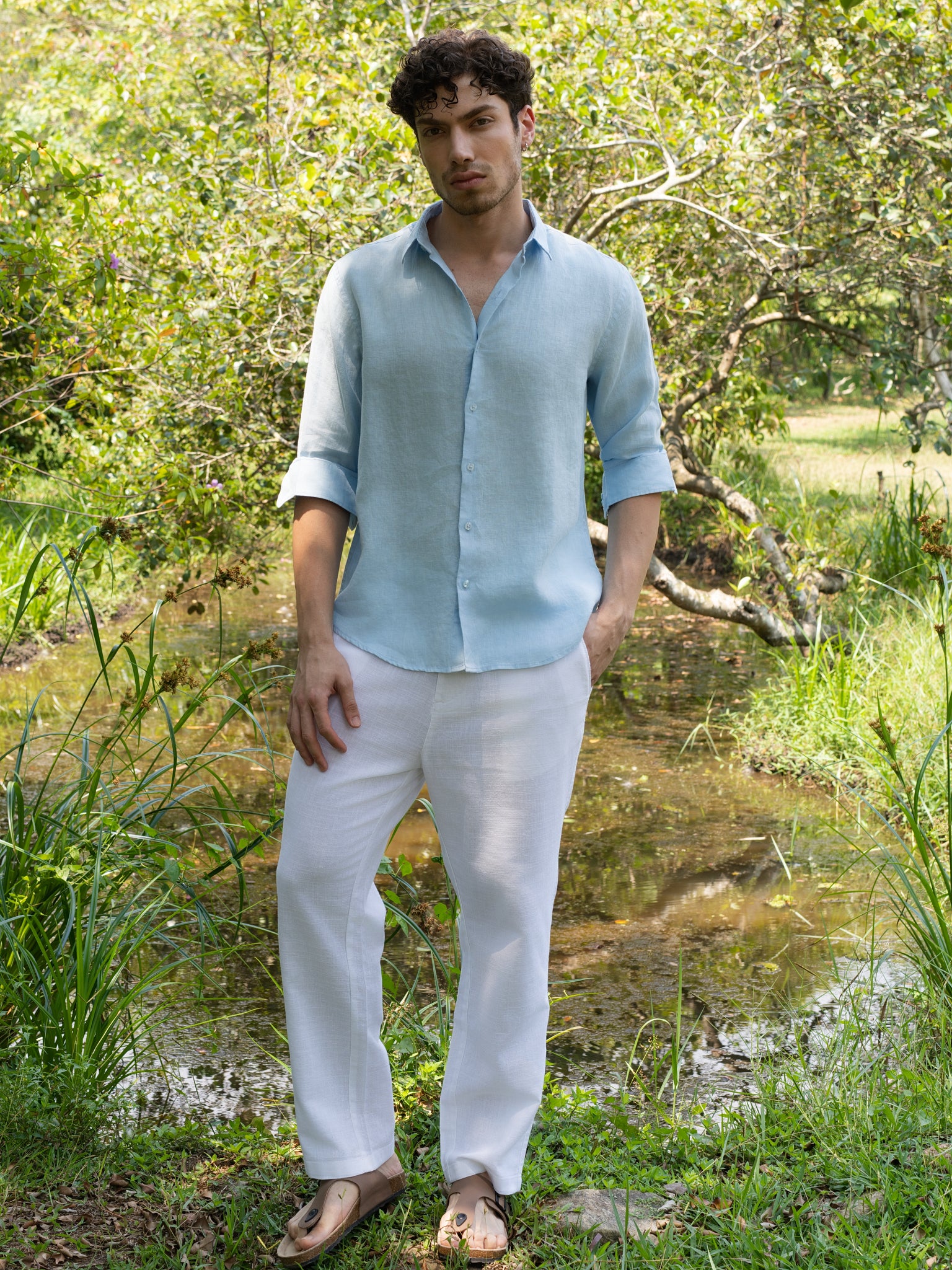 DEEDAT Regular Fit Linen Casual Shirt - Light Blue