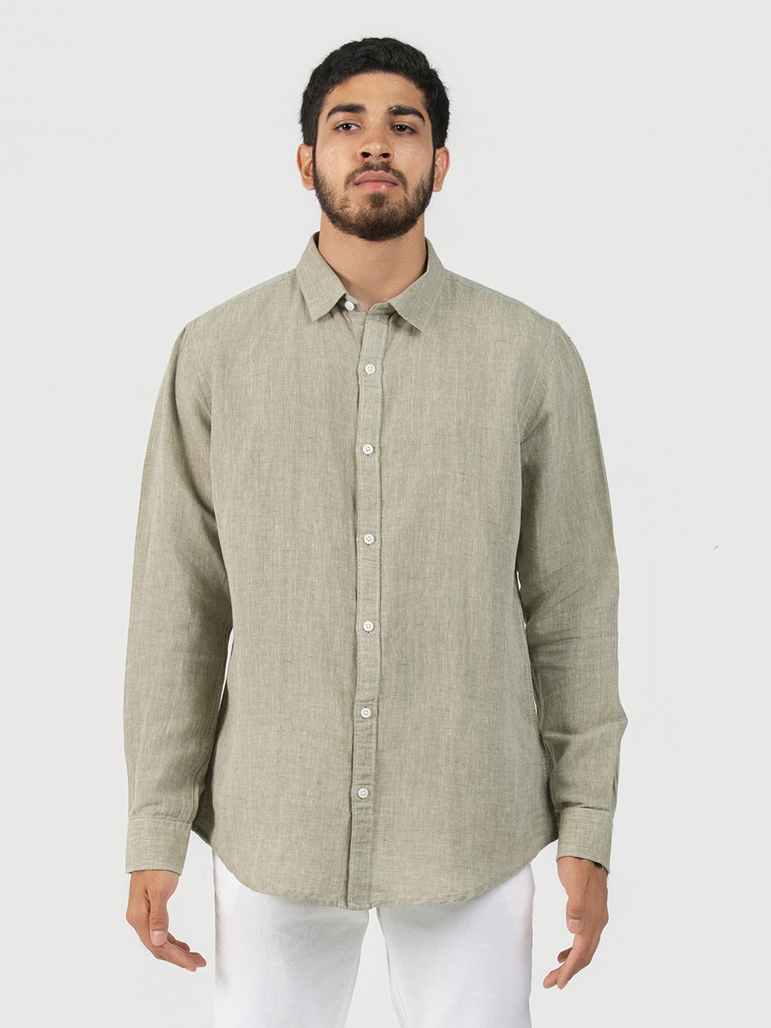 DEEDAT Linen Long Sleeve Shirt - Olive