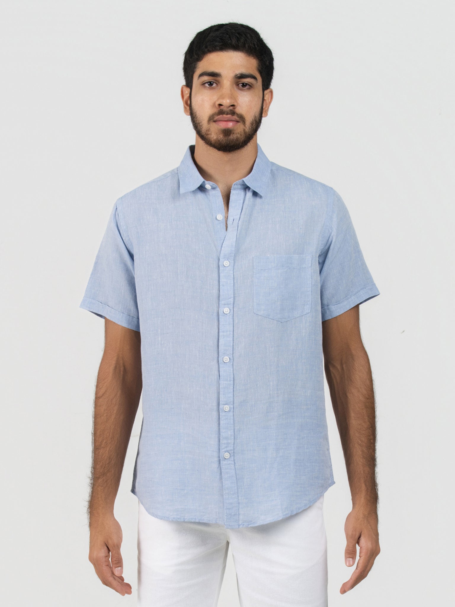 DEEDAT Linen Short Sleeve Shirt - Sky Blue