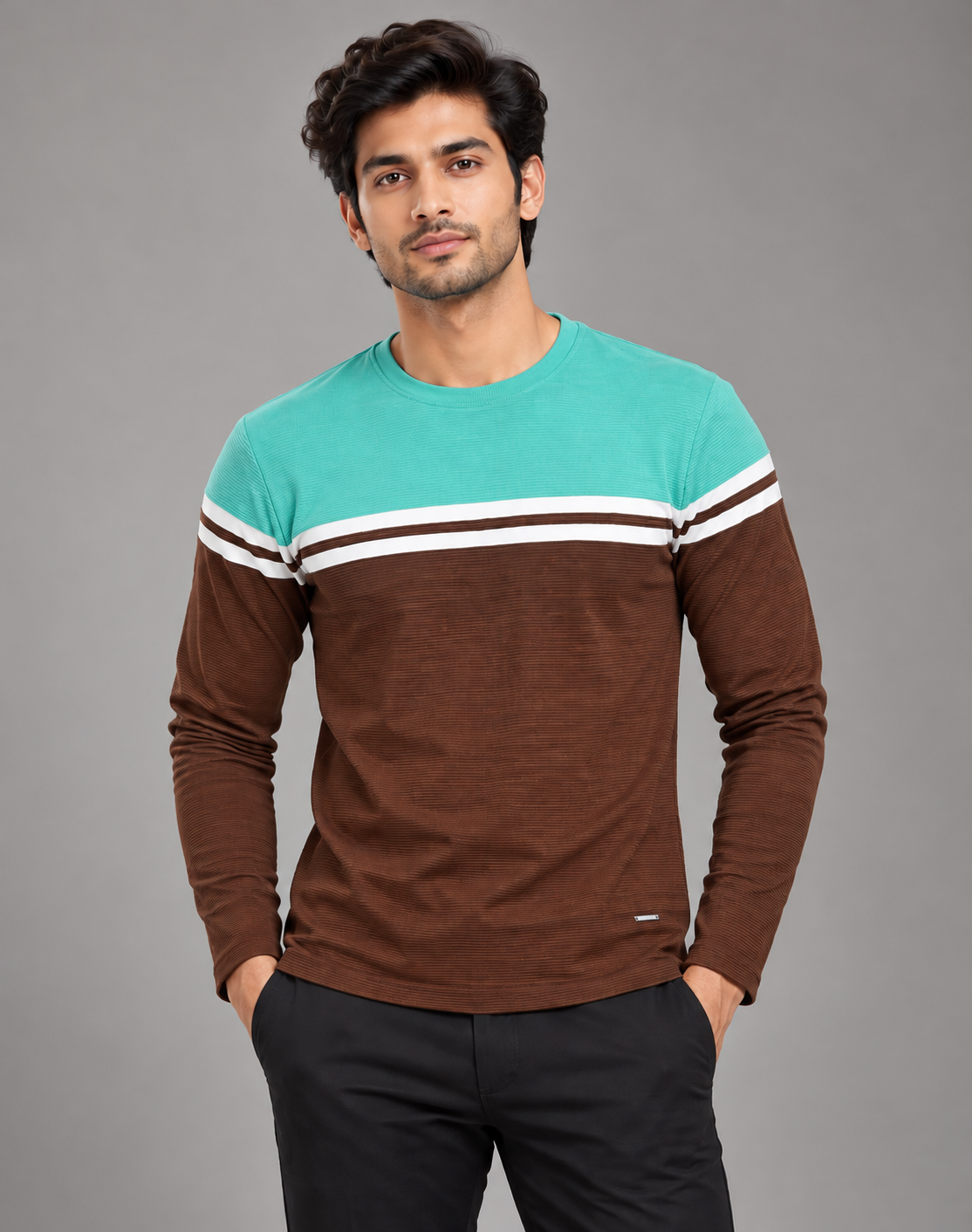 DEEDAT Men's Slim Fit Tees - Sky Blue\Brown