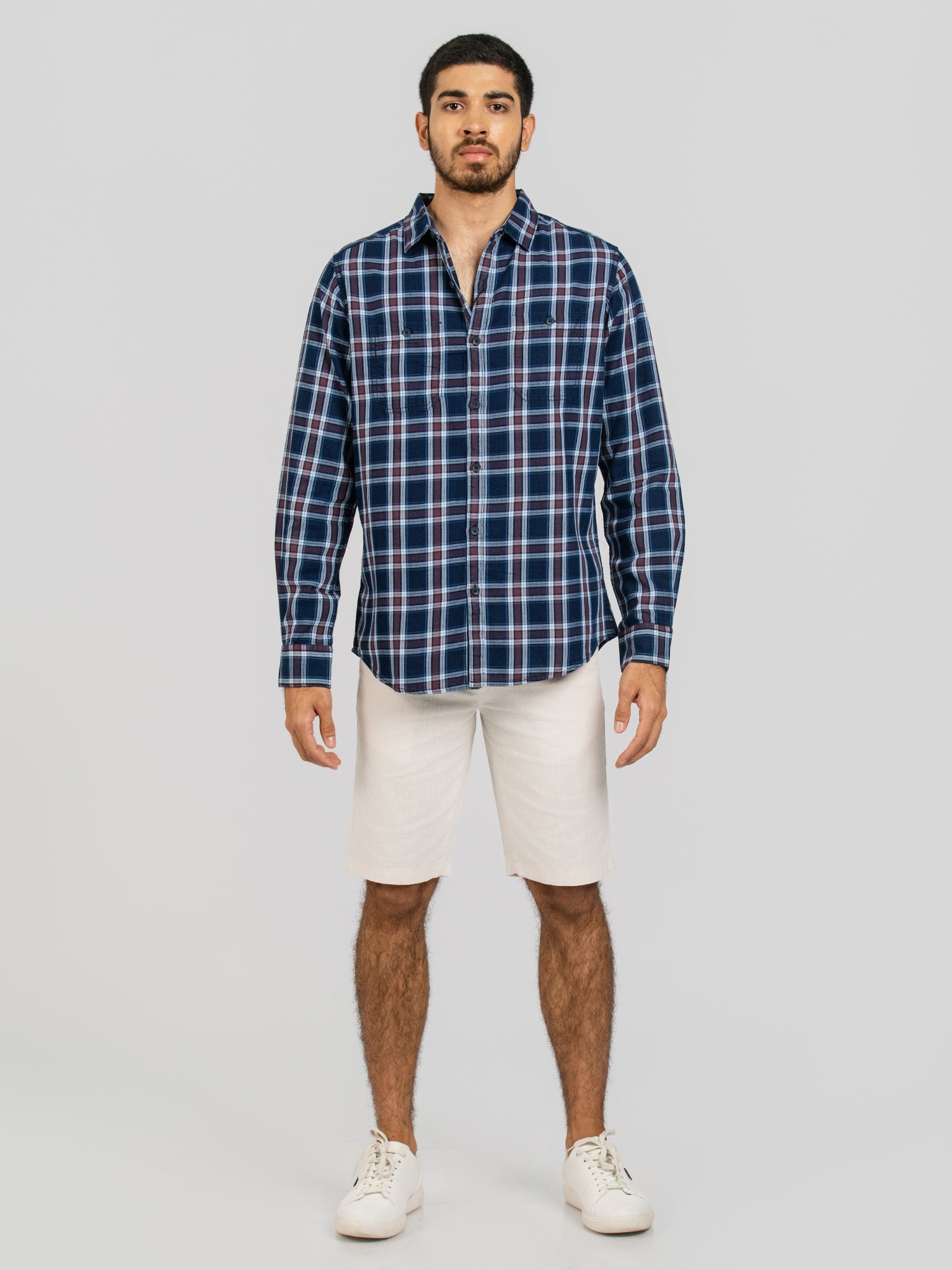 DEEDAT Slim Fit Long Sleeve Check Shirt - Navy Maroon