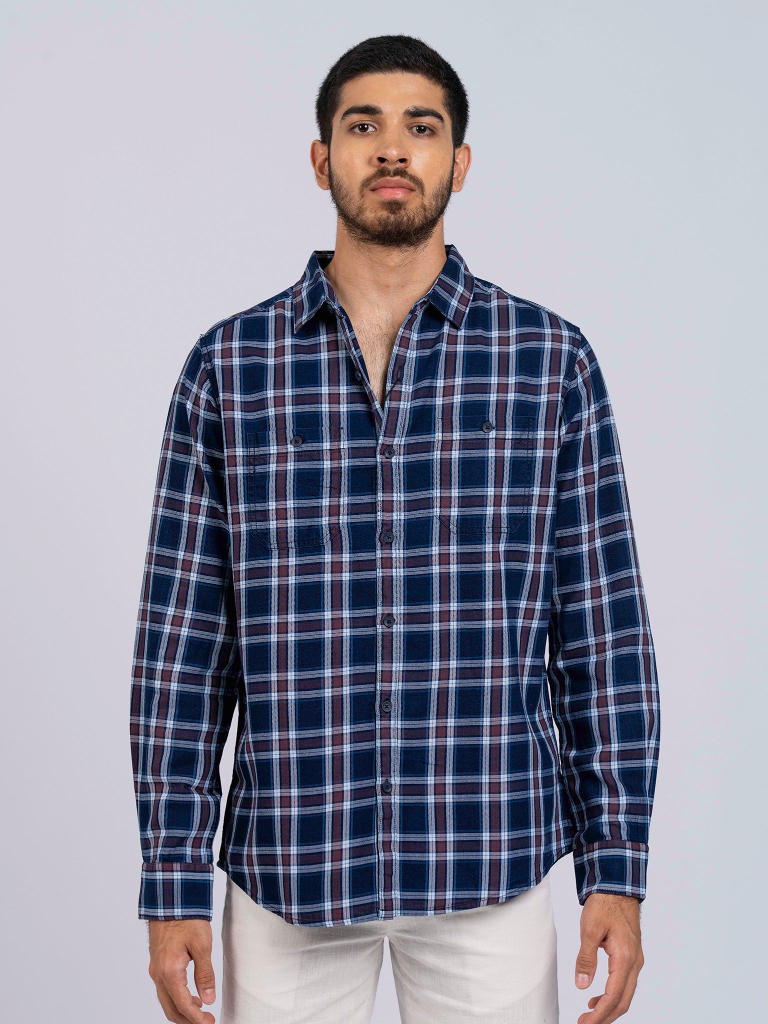 DEEDAT Slim Fit Long Sleeve Check Shirt - Navy Maroon
