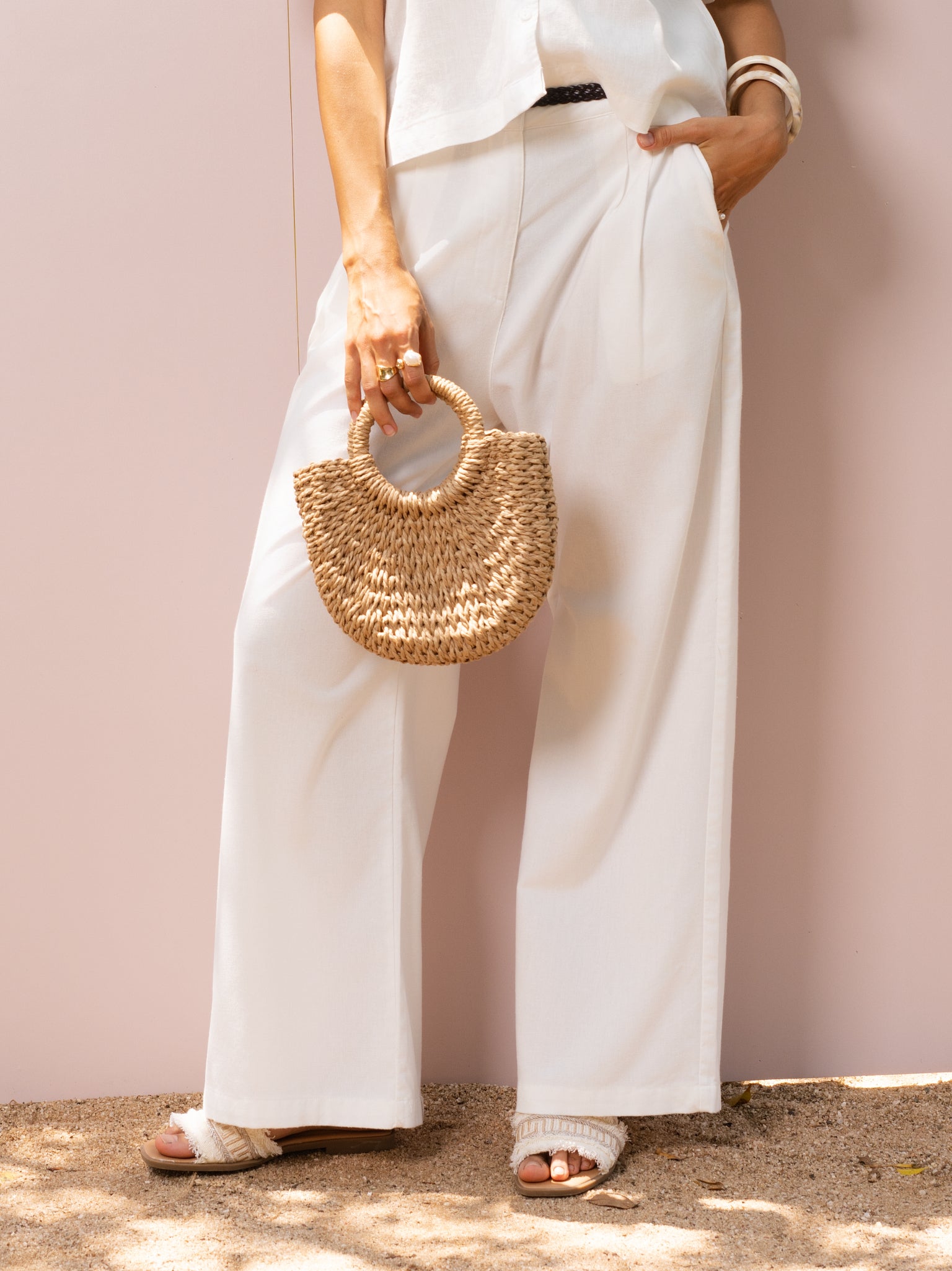 DEEDAT PORTOFINO Wide Leg Linen Ladies Casual Pant - White