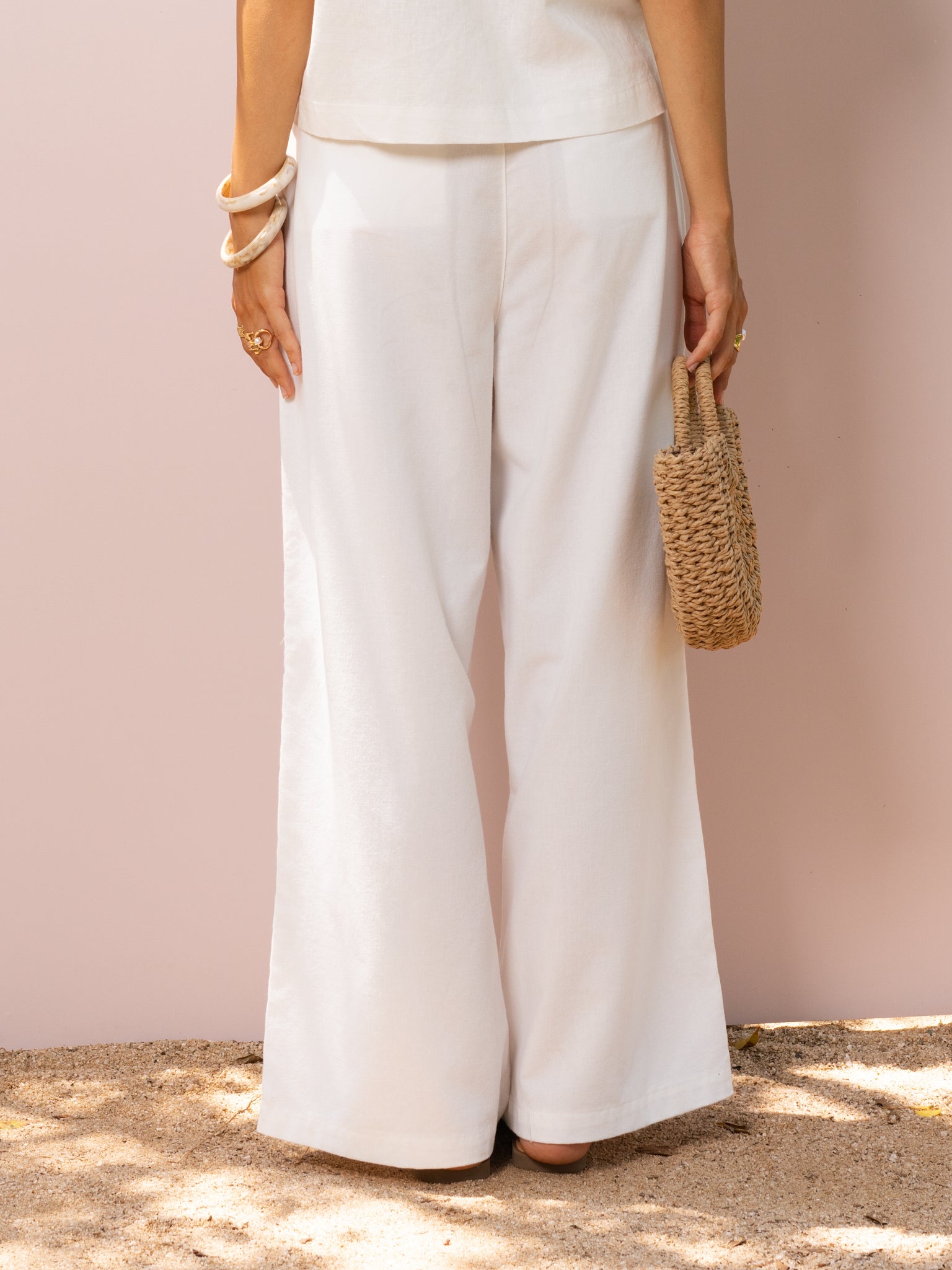 DEEDAT PORTOFINO Wide Leg Linen Ladies Casual Pant - White