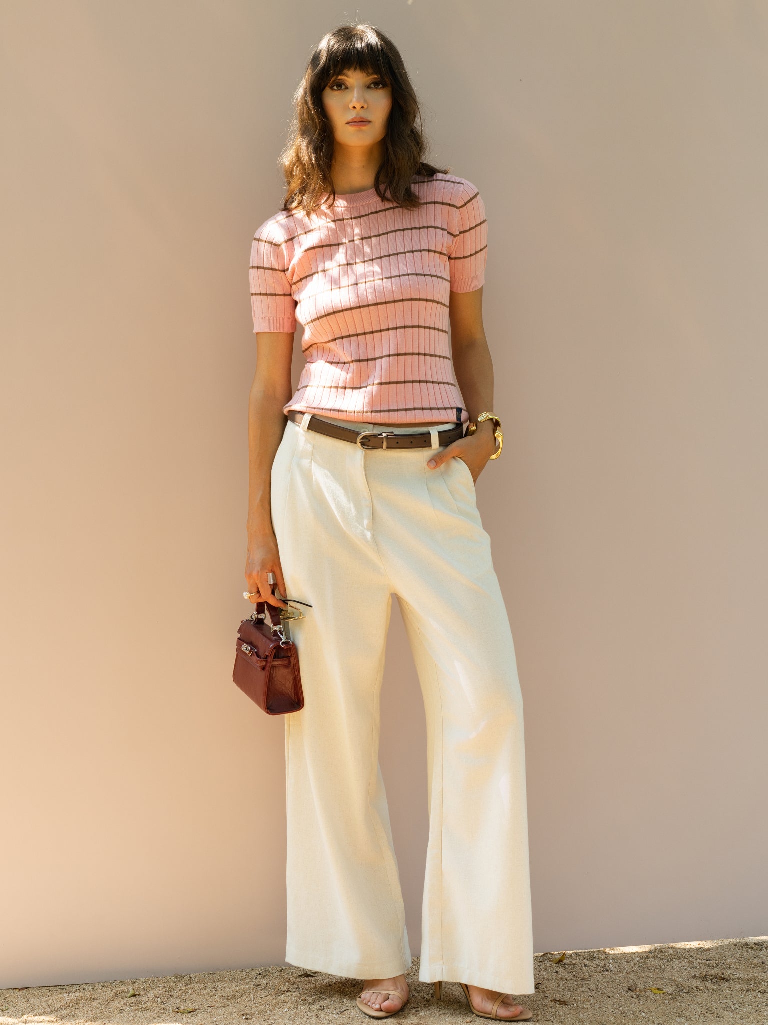 DEEDAT PORTOFINO Women's Crew Neck Striped Tees – Pink