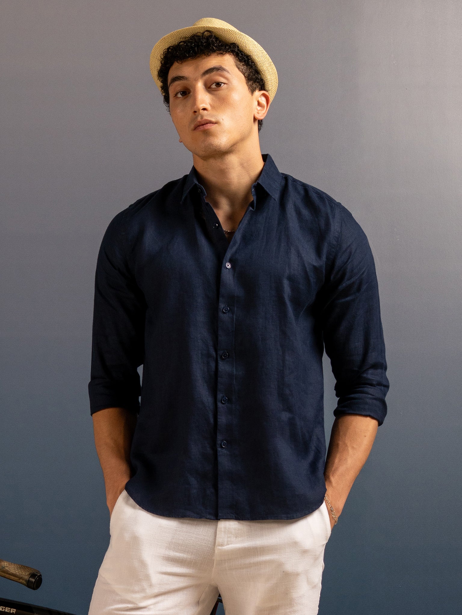 DEEDAT Regular Fit Cutaway Collar Linen Casual Shirt - Navy