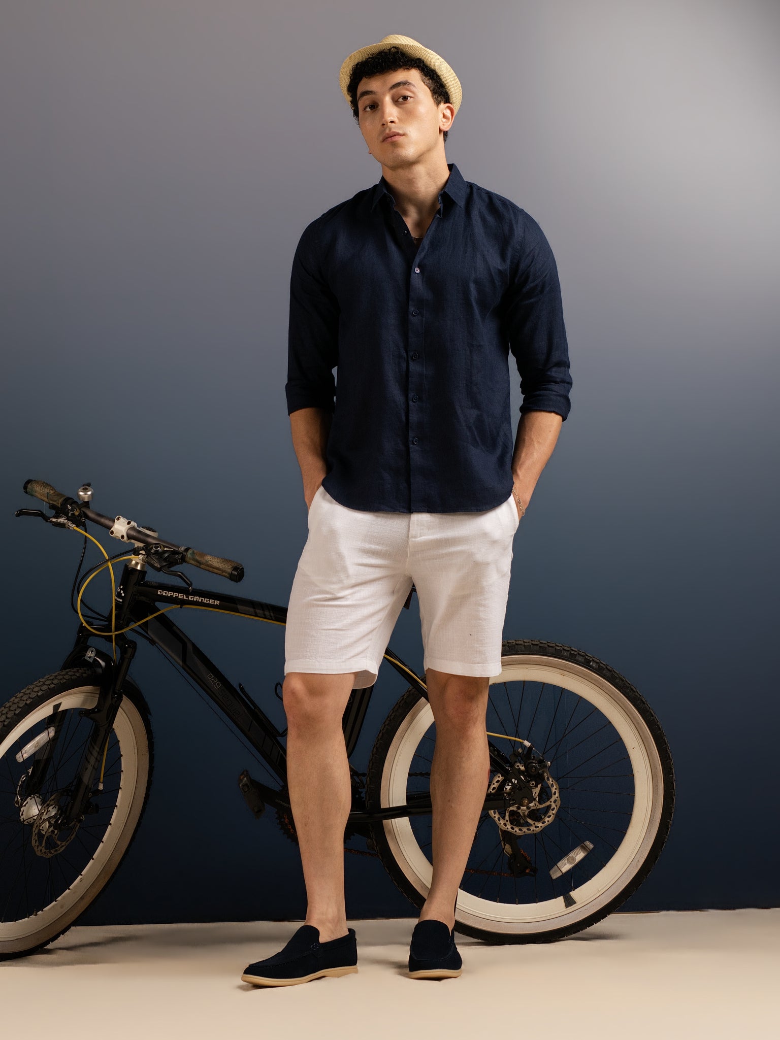DEEDAT Regular Fit Cutaway Collar Linen Casual Shirt - Navy