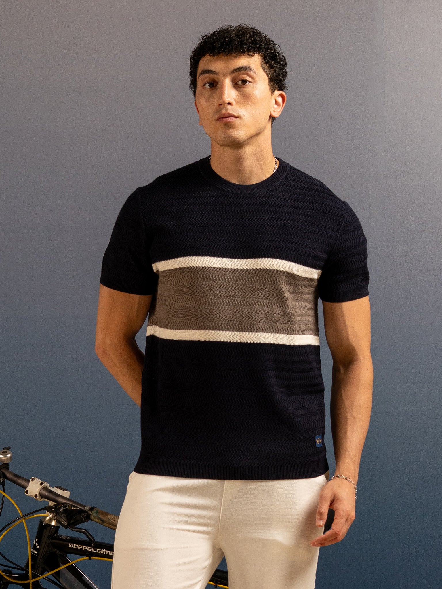 DEEDAT PORTOFINO Striped Crew Neck Short Sleeve Slim Fit Tees - Navy