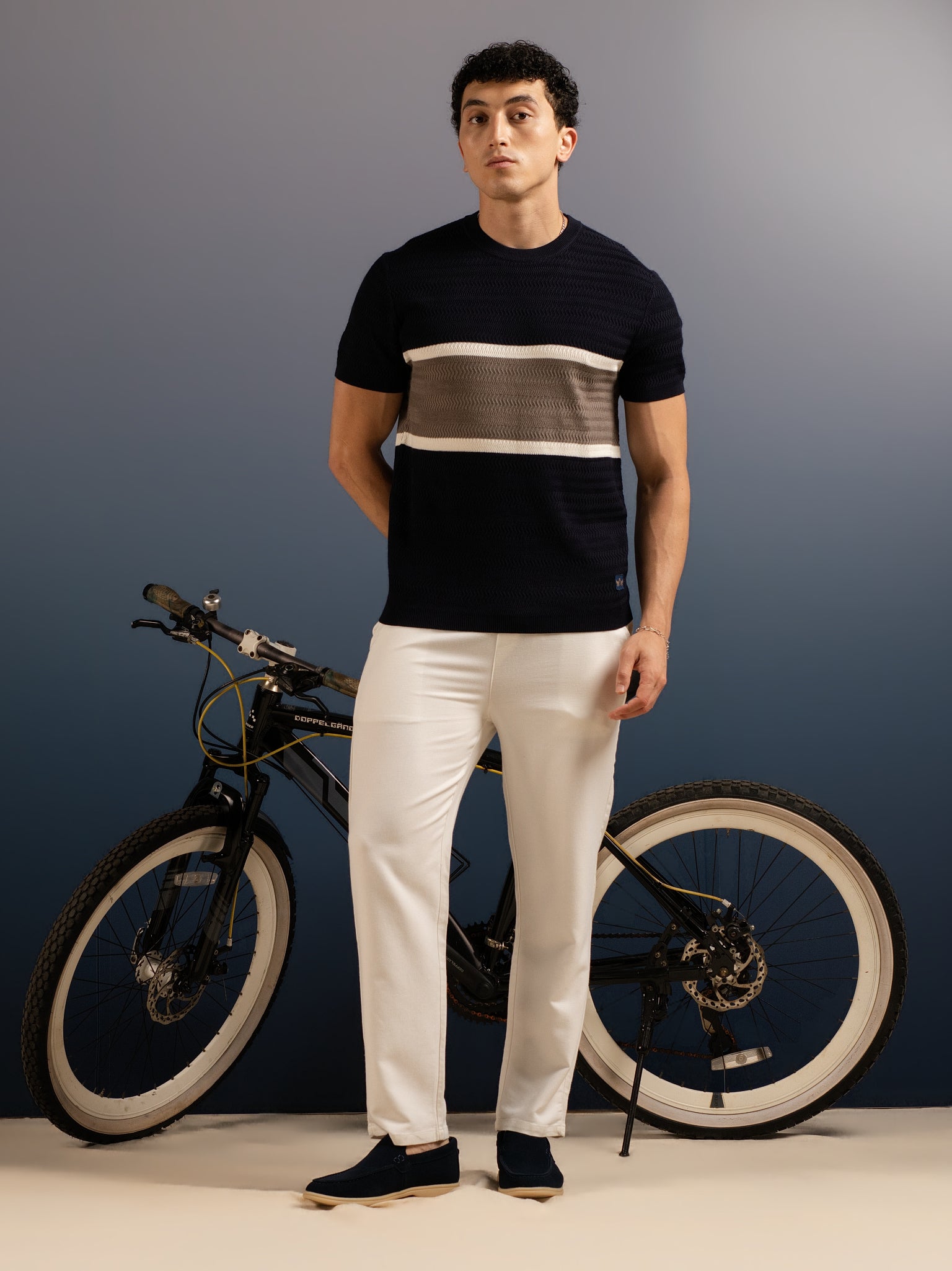 DEEDAT PORTOFINO Striped Crew Neck Short Sleeve Slim Fit Tees - Navy
