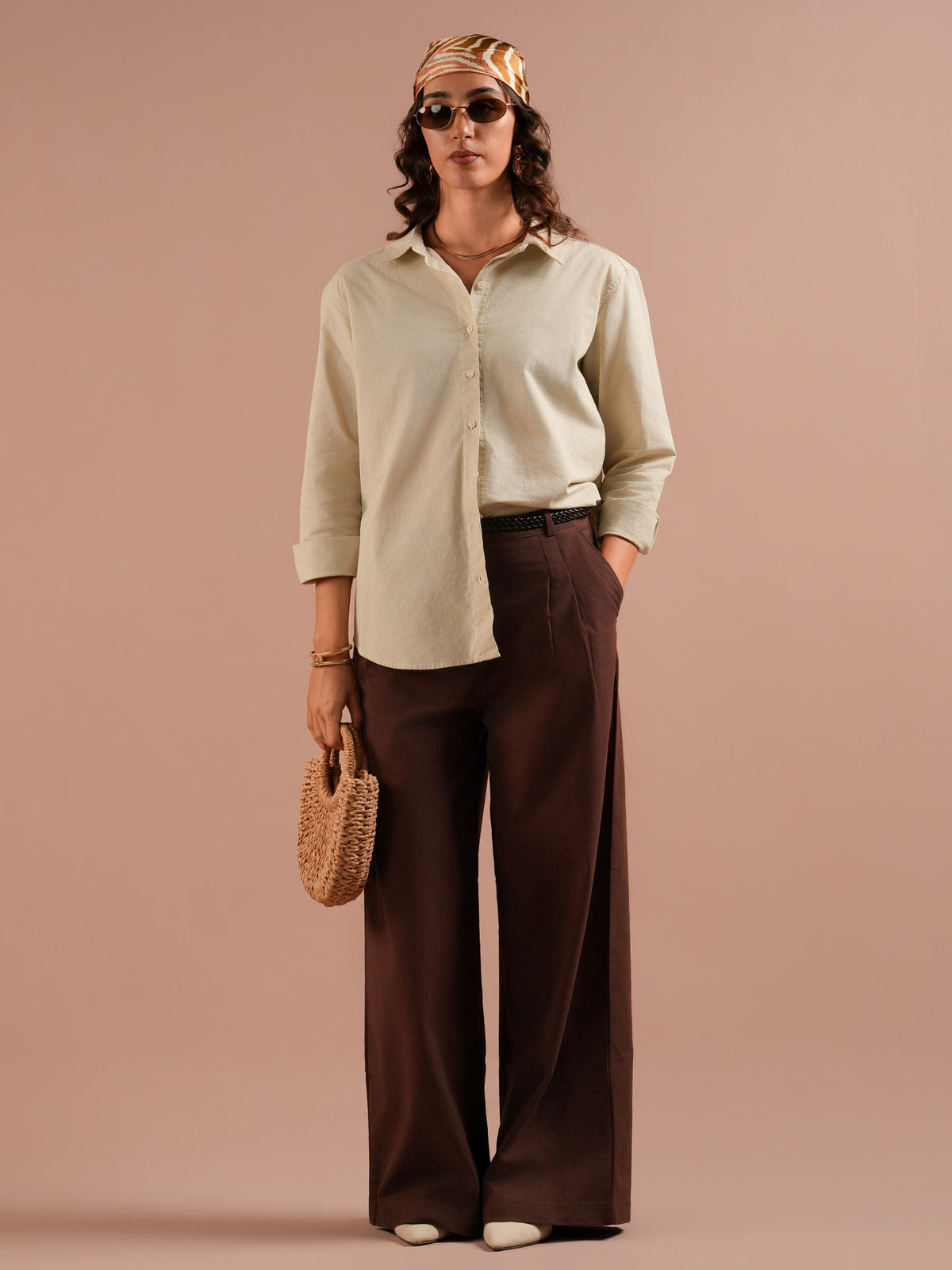 DEEDAT PORTOFINO Women's Linen Oversized Shirt Blouse- Beige
