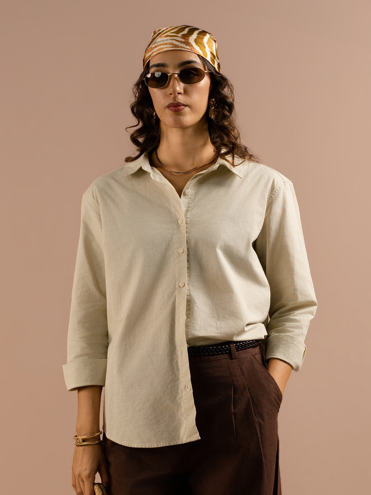 DEEDAT PORTOFINO Women's Linen Oversized Shirt Blouse- Beige