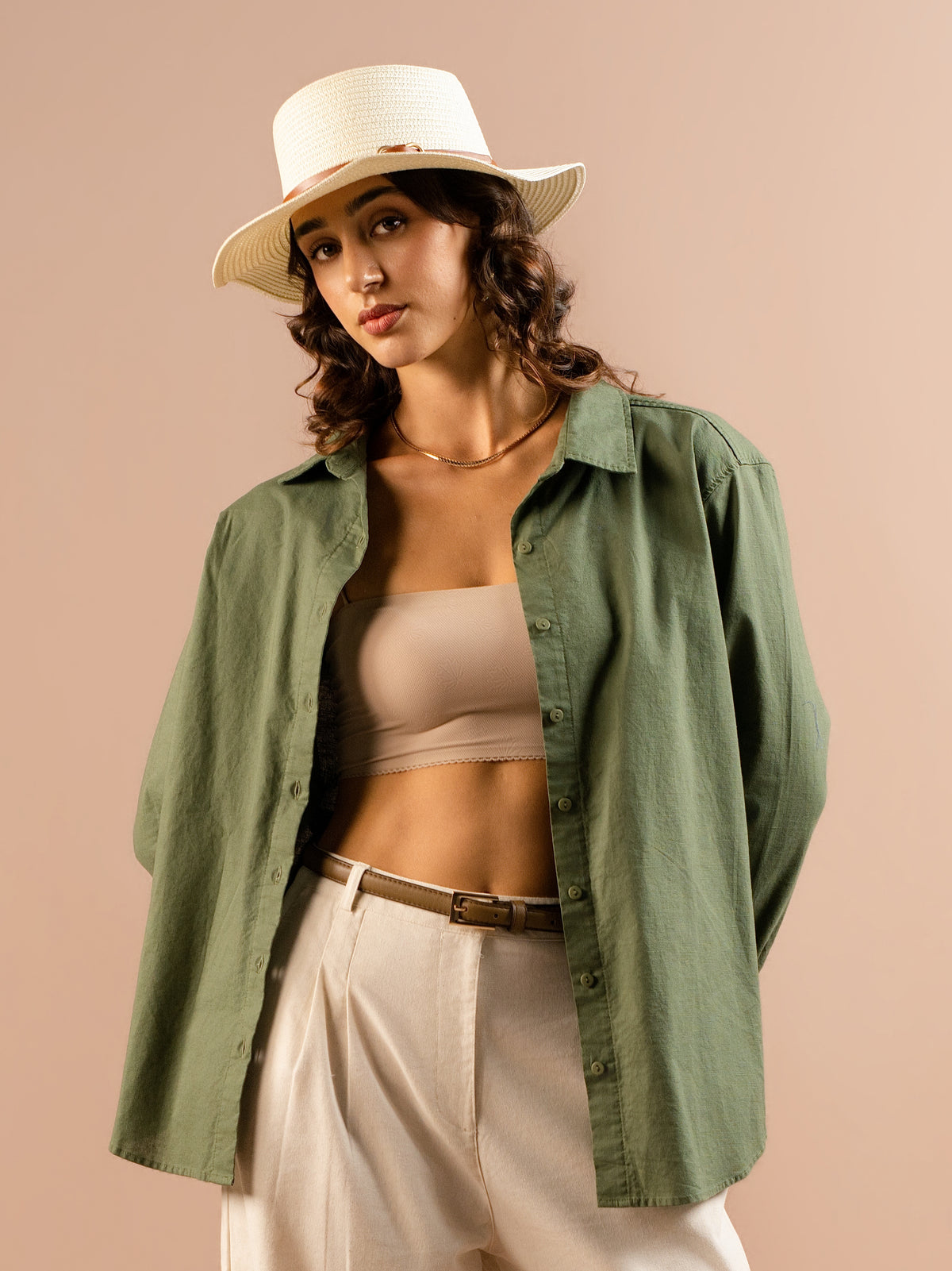 DEEDAT PORTOFINO Women's Linen Oversized Shirt Blouse- Olive