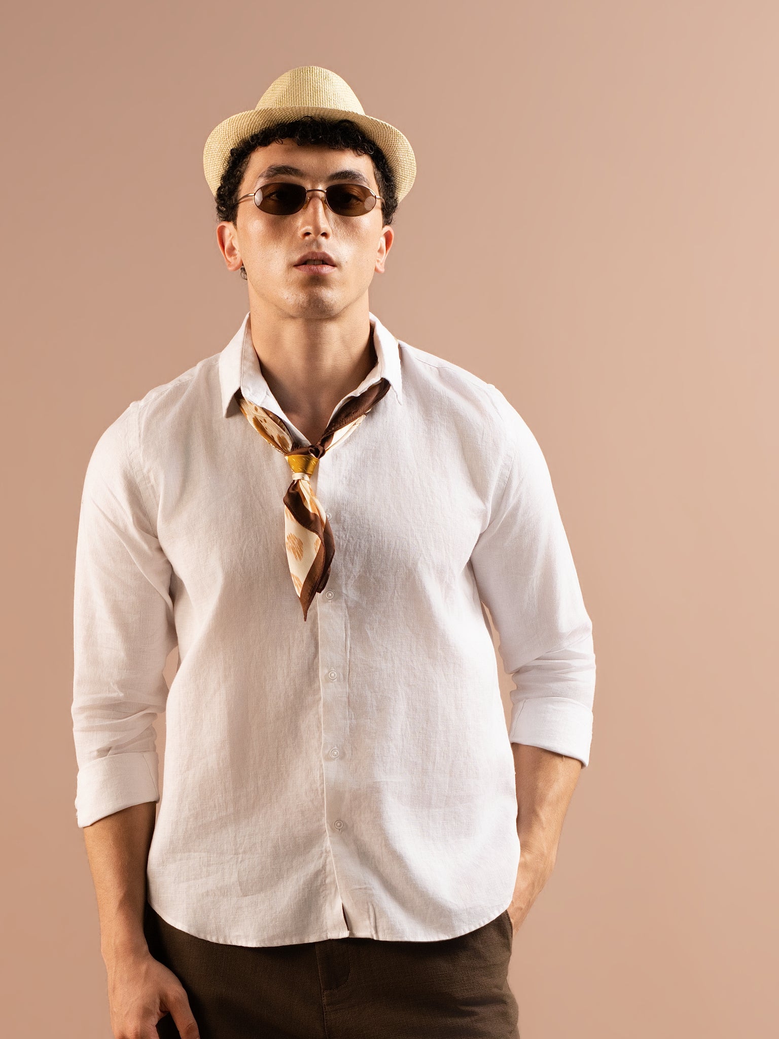 DEEDAT Regular Fit Cutaway Collar Linen Casual Shirt - White