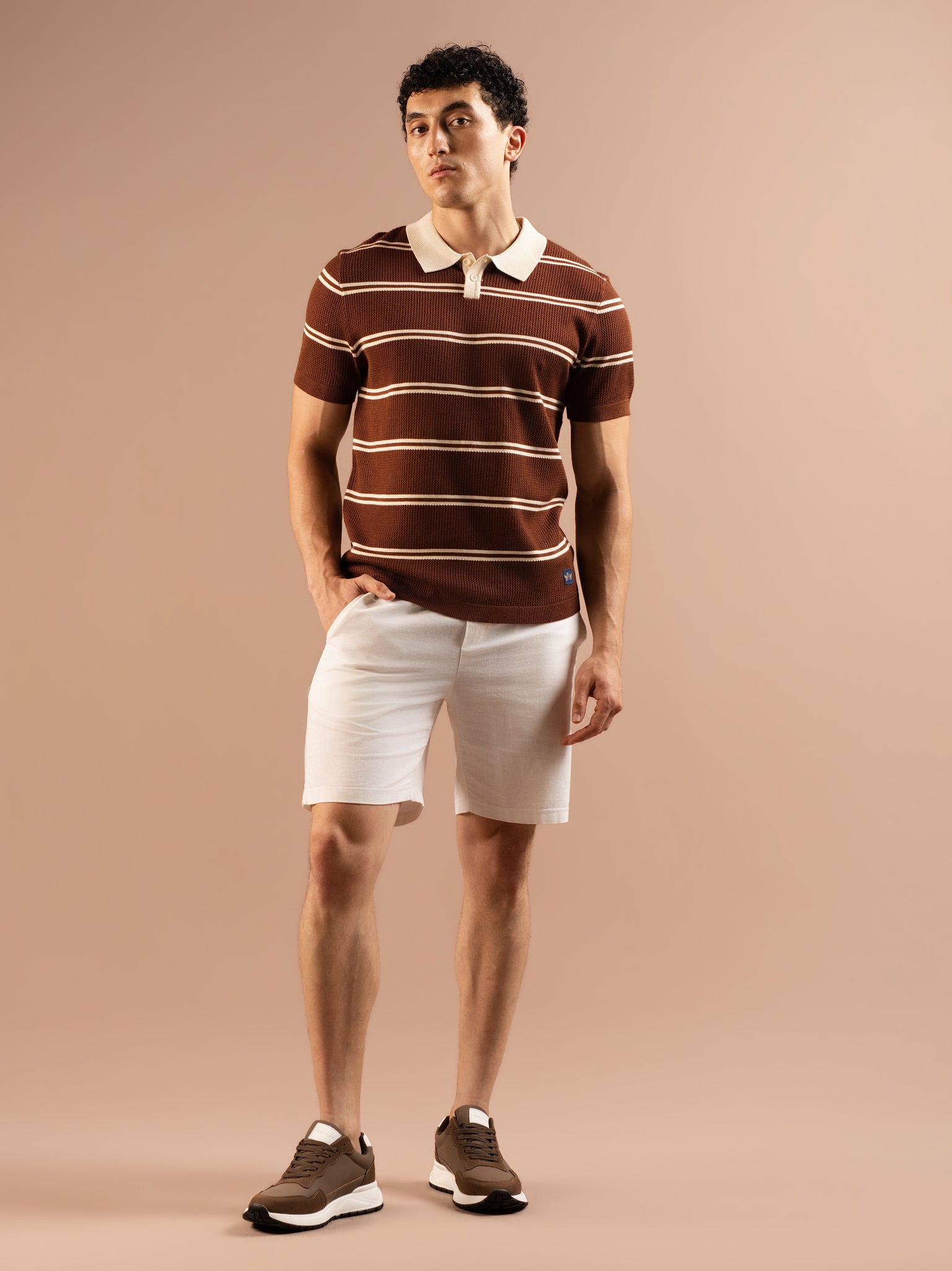 DEEDAT PORTOFINO Striped Polo Short Sleeve Slim Fit Tees - Brown