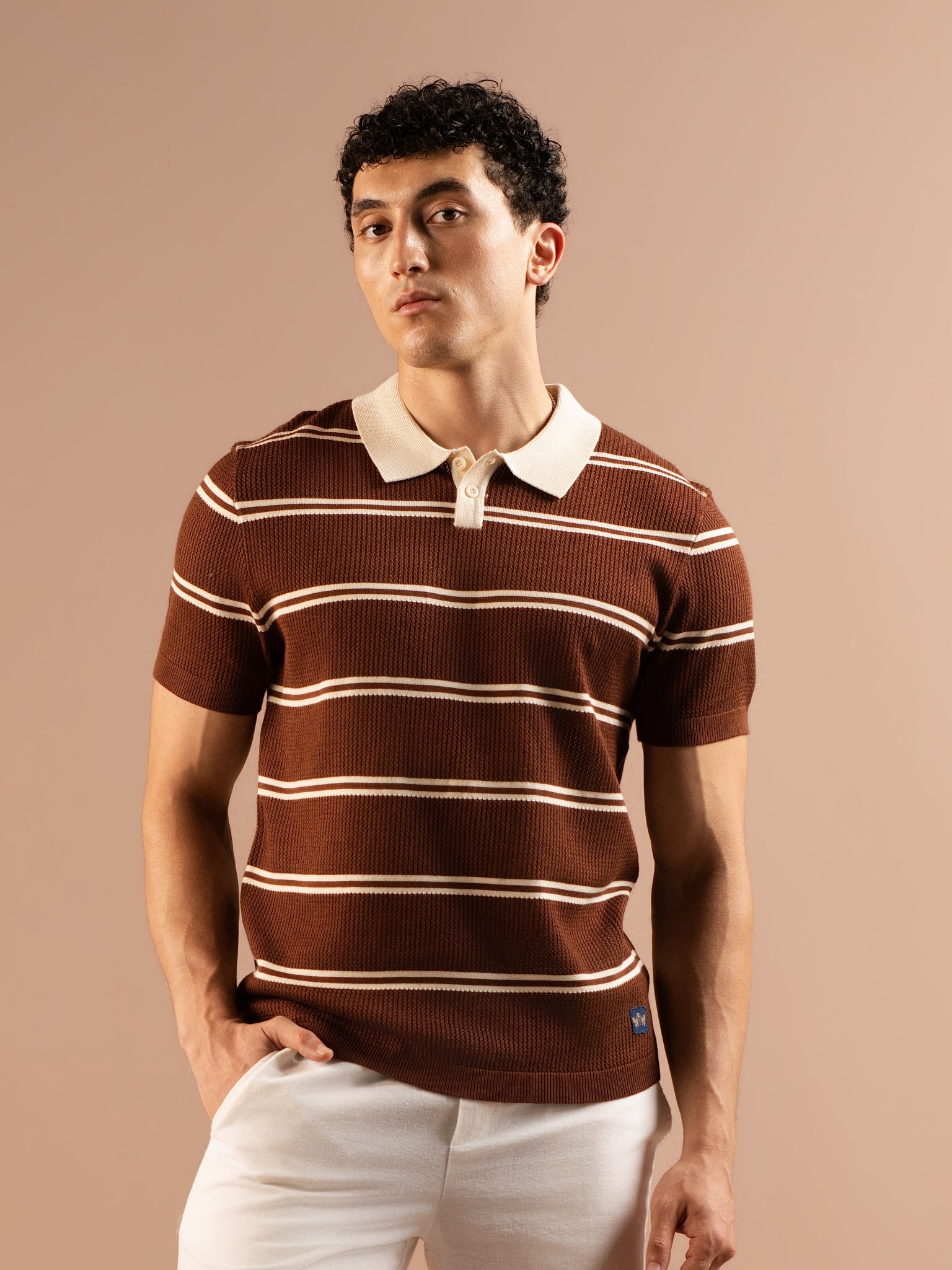 DEEDAT PORTOFINO Striped Polo Short Sleeve Slim Fit Tees - Brown