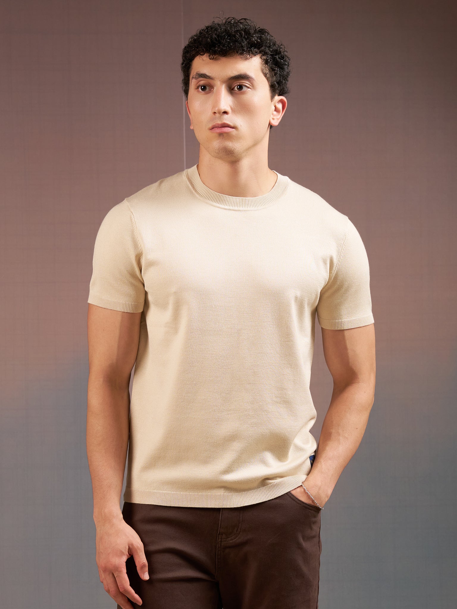 DEEDAT PORTOFINO Crew Neck Short Sleeve Slim Fit Tees - Beige