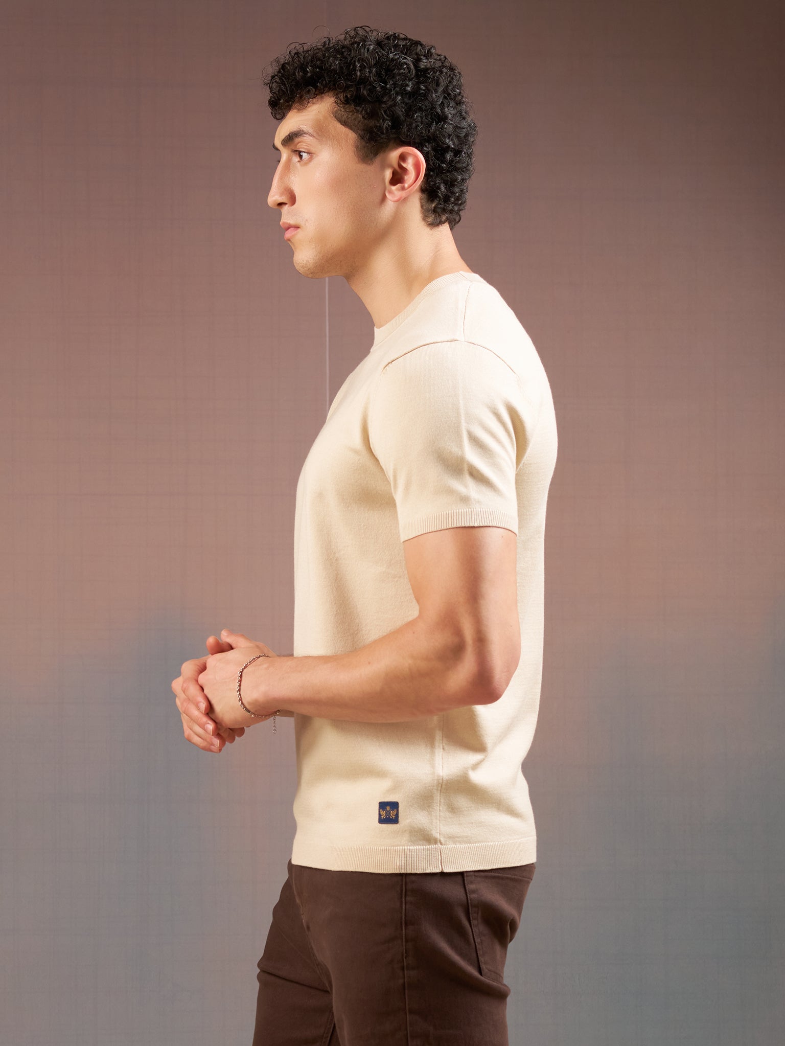 DEEDAT PORTOFINO Crew Neck Short Sleeve Slim Fit Tees - Beige