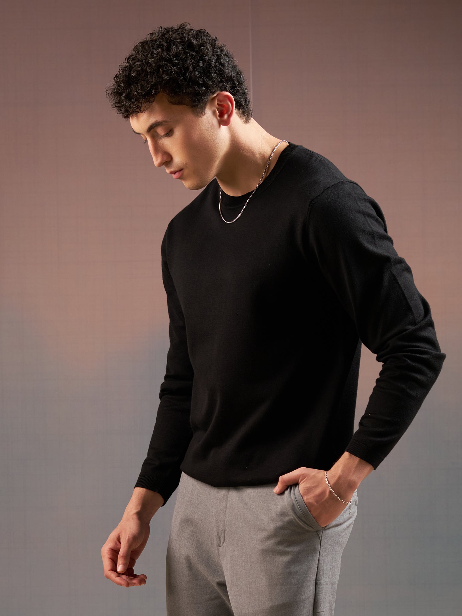 DEEDAT PORTOFINO Crew Neck Long Sleeve Slim Fit Tees - Black