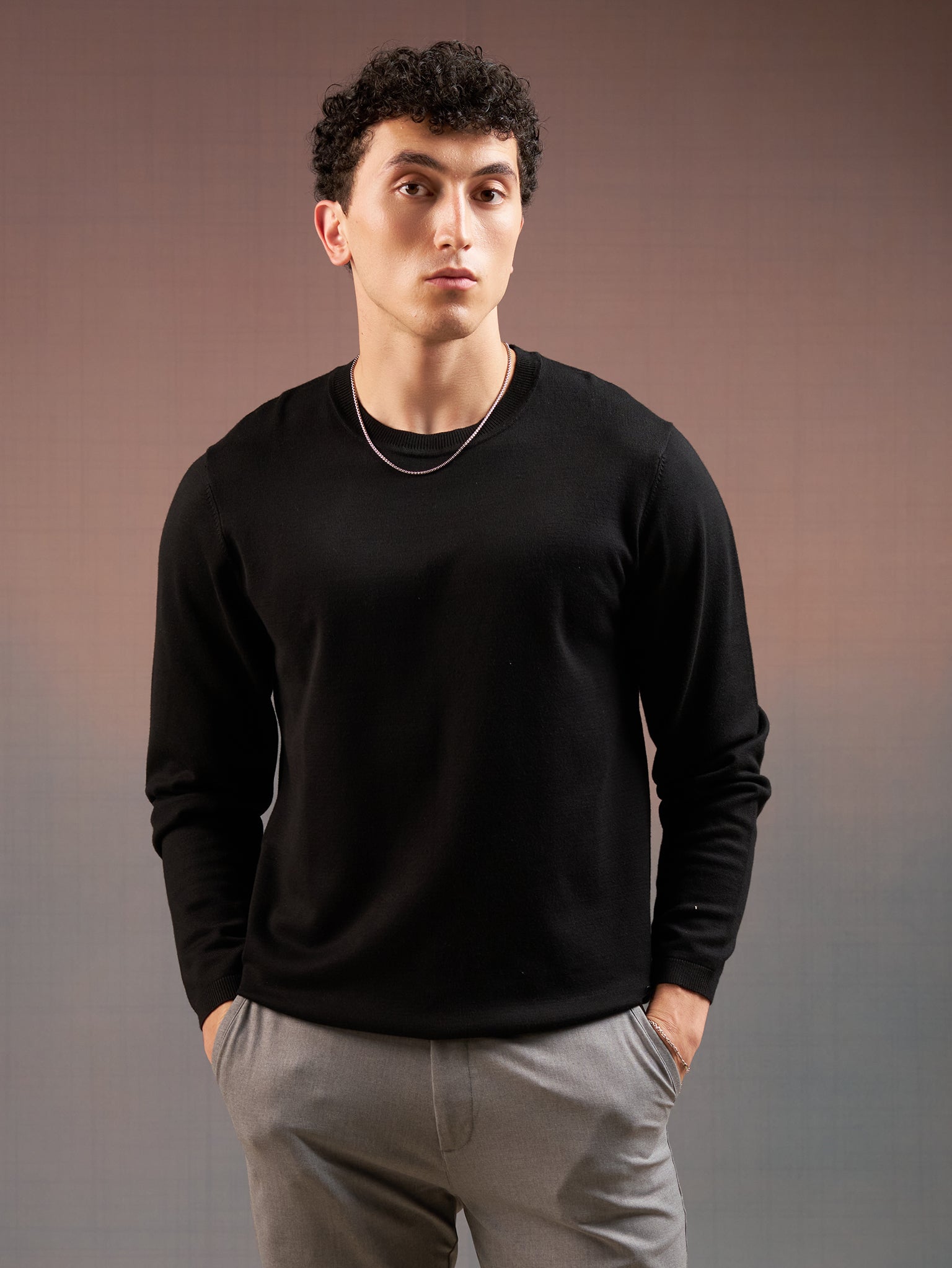 DEEDAT PORTOFINO Crew Neck Long Sleeve Slim Fit Tees - Black