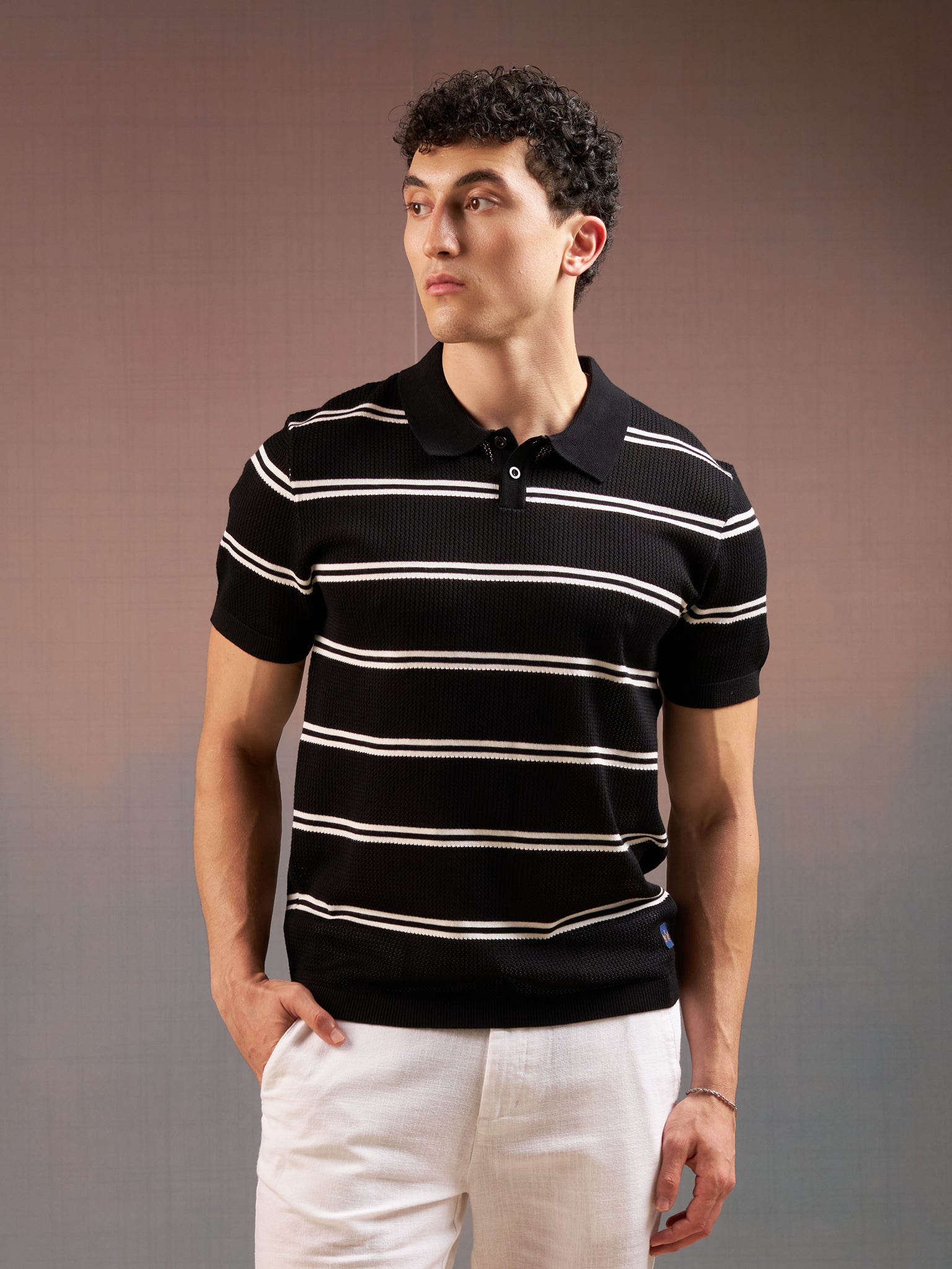 DEEDAT PORTOFINO Striped Polo Short Sleeve Slim Fit Tees - Black/White