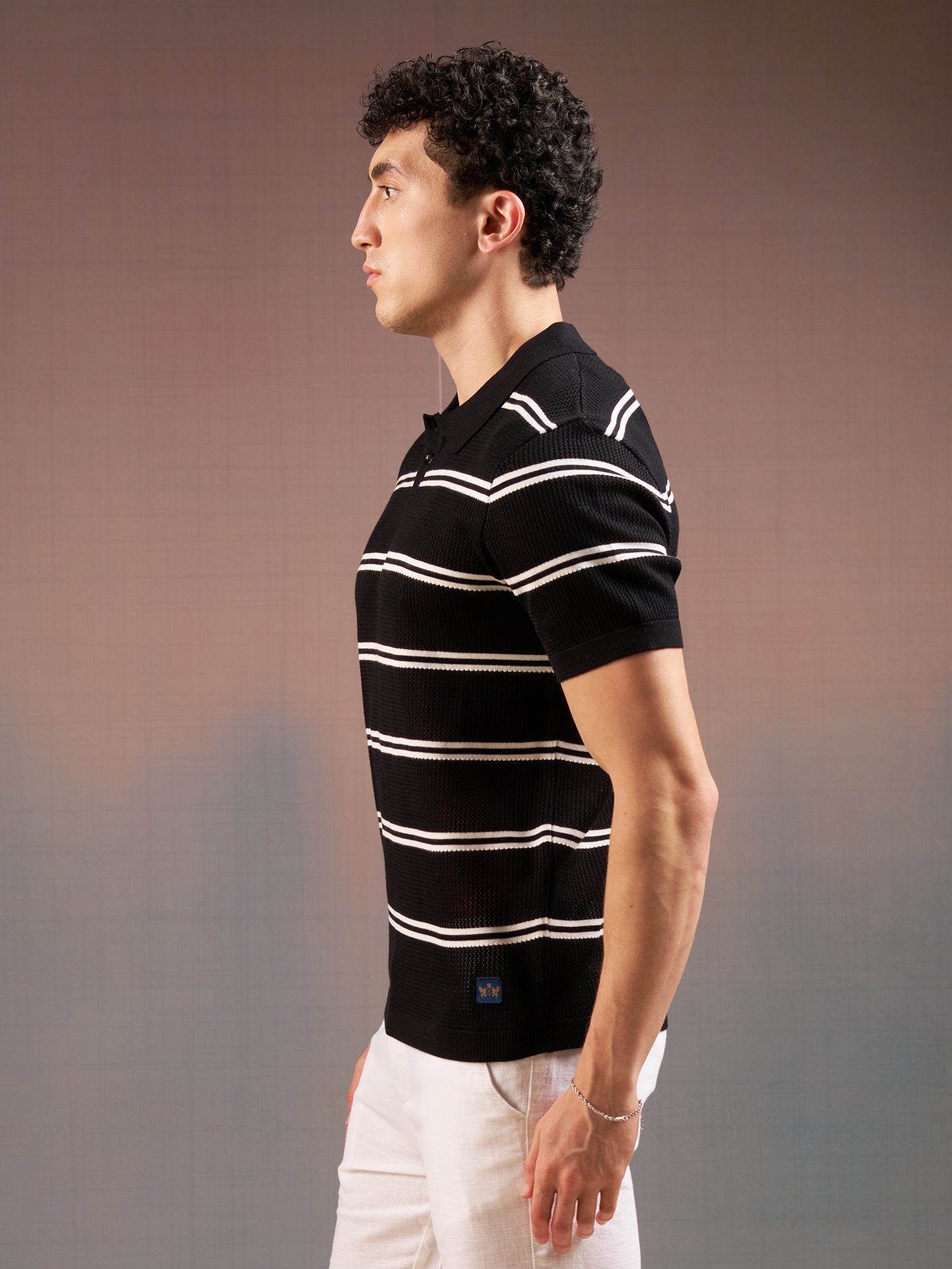 DEEDAT PORTOFINO Striped Polo Short Sleeve Slim Fit Tees - Black/White