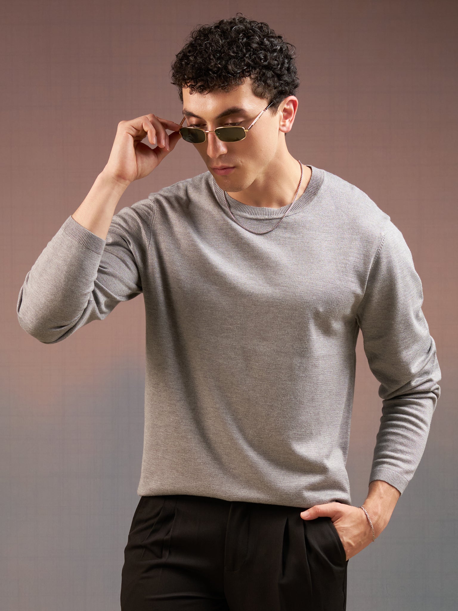 DEEDAT PORTOFINO Crew Neck Long Sleeve Slim Fit Tees - Grey