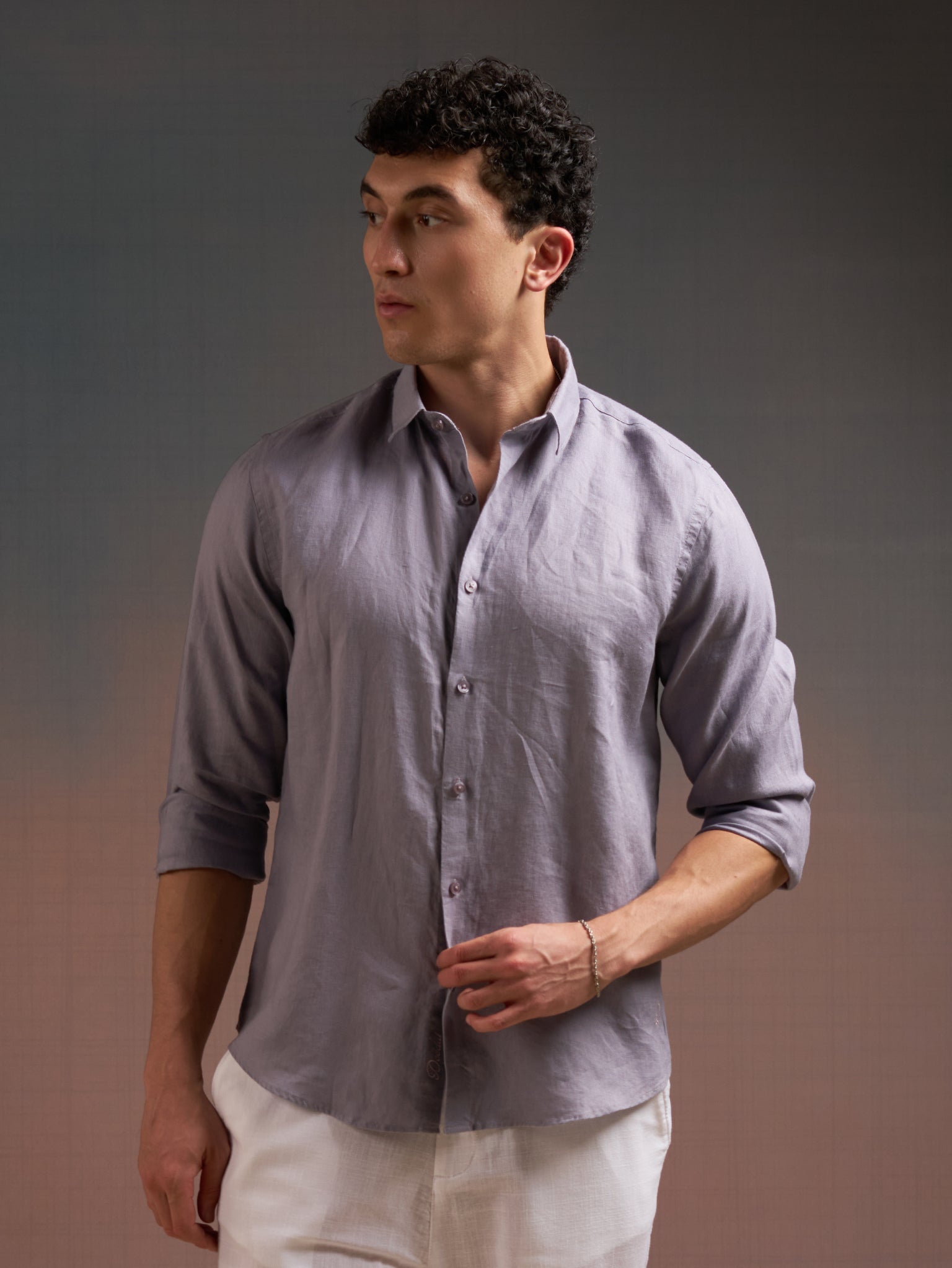 DEEDAT Regular Fit Cutaway Collar Linen Casual Shirt - Gray