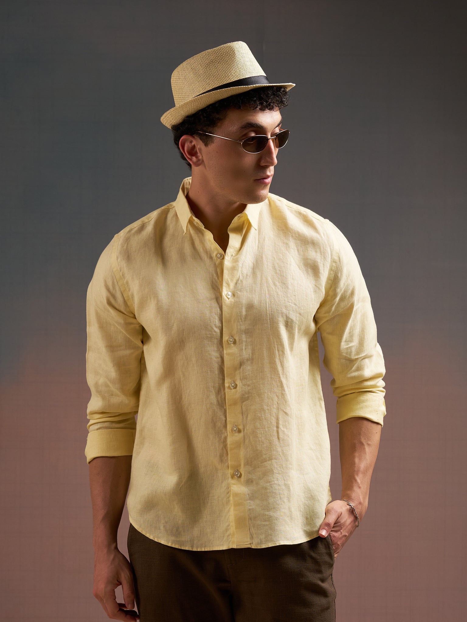 DEEDAT Regular Fit Cutaway Collar Linen Casual Shirt - Yellow