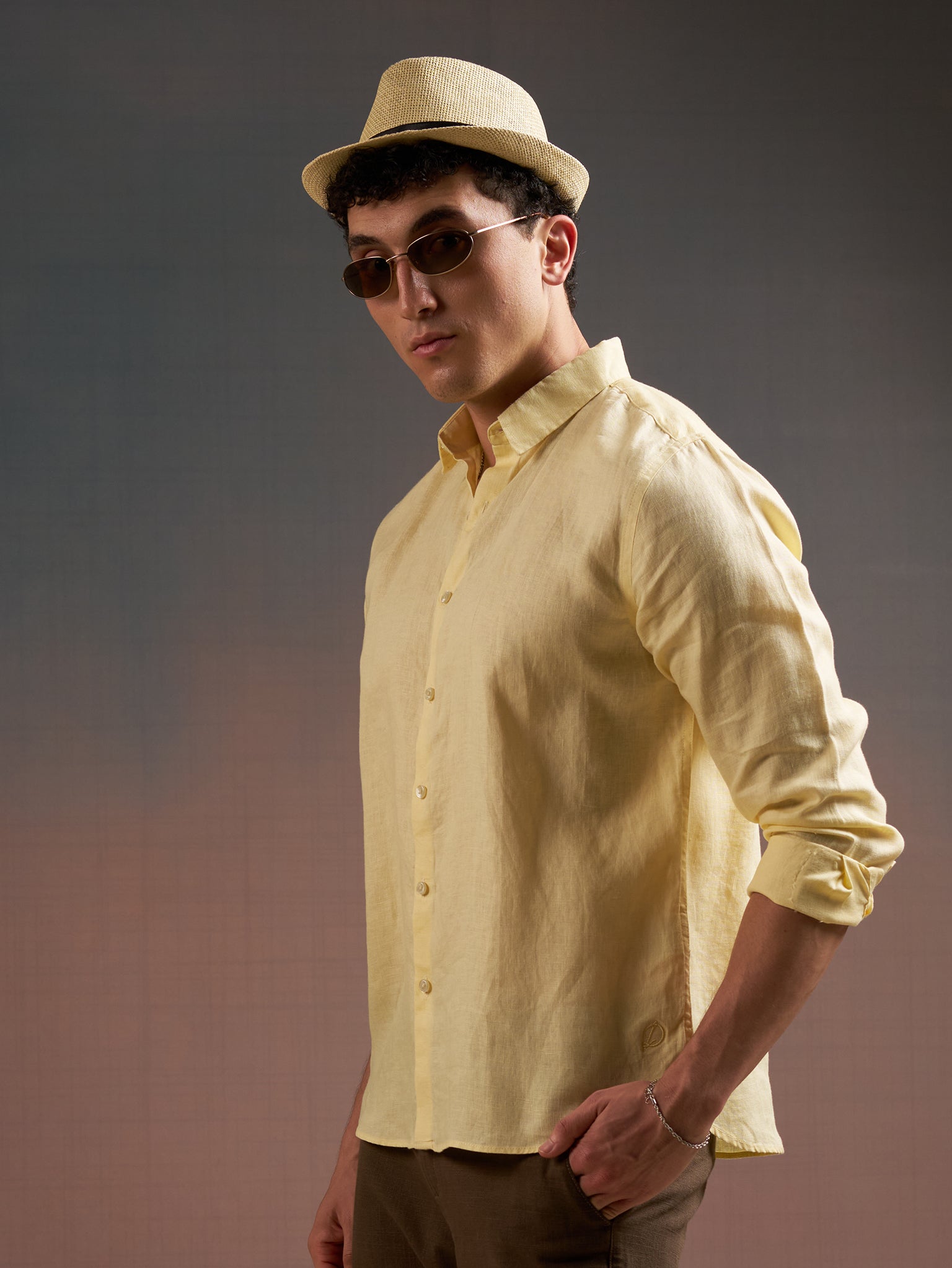 DEEDAT Regular Fit Cutaway Collar Linen Casual Shirt - Yellow