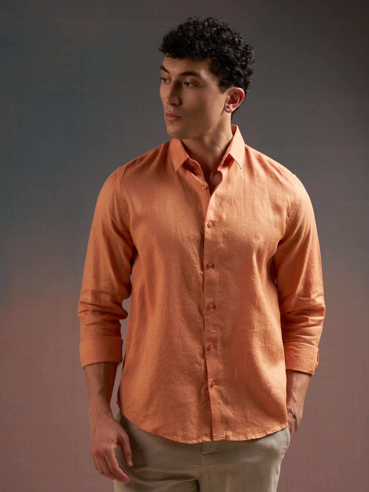 DEEDAT Regular Fit Cutaway Collar Linen Casual Shirt - Burnt Orange