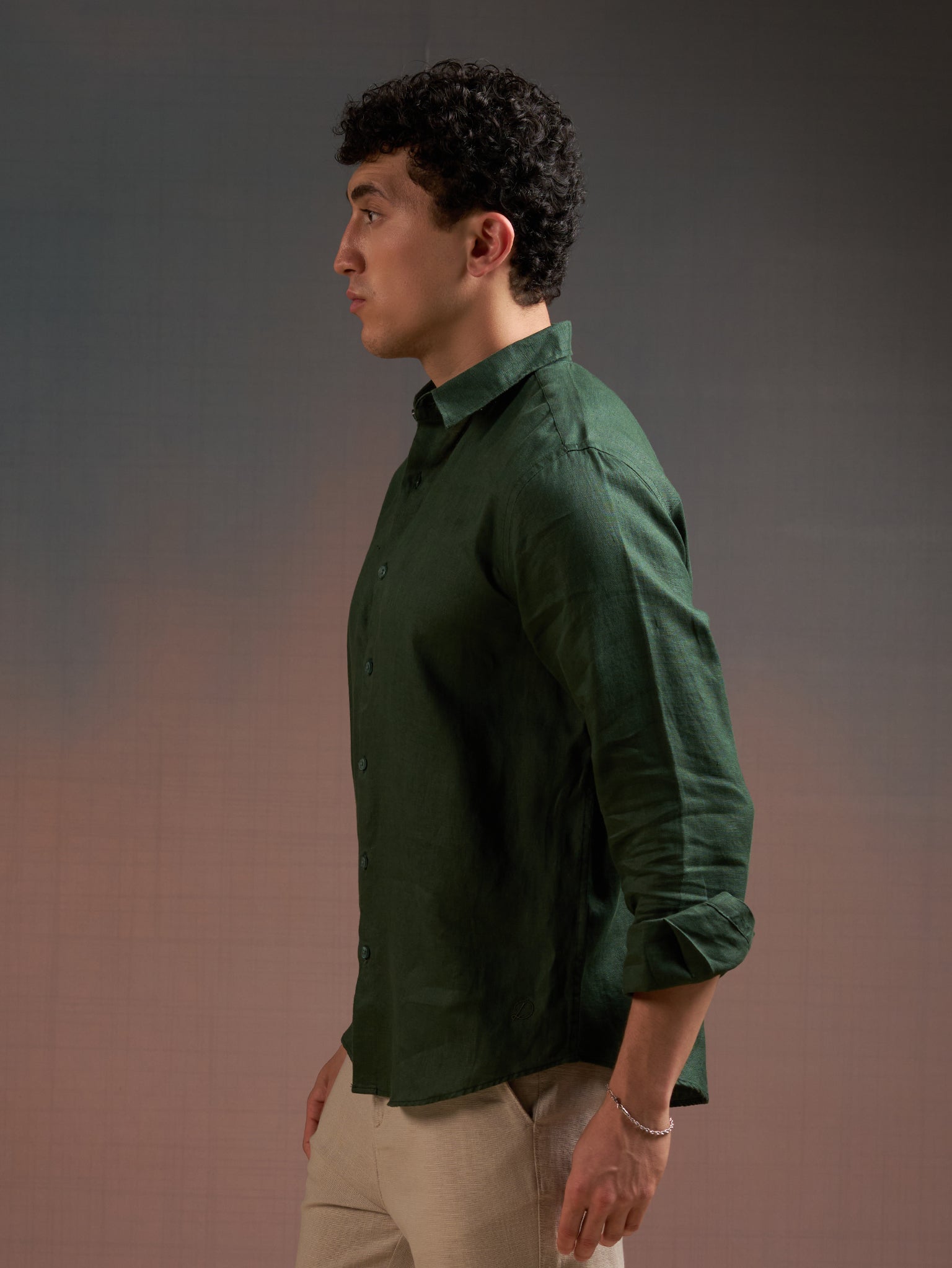 DEEDAT Regular Fit Cutaway Collar Linen Casual Shirt - Dark Green