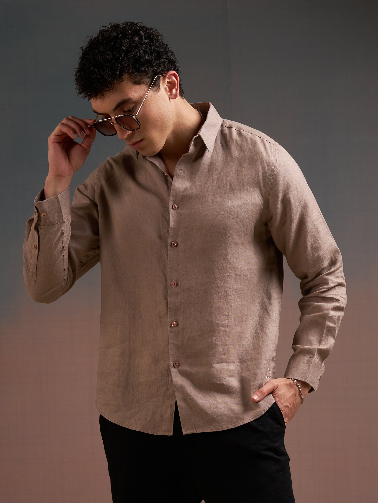 DEEDAT Regular Fit Cutaway Collar Linen Casual Shirt - Brown