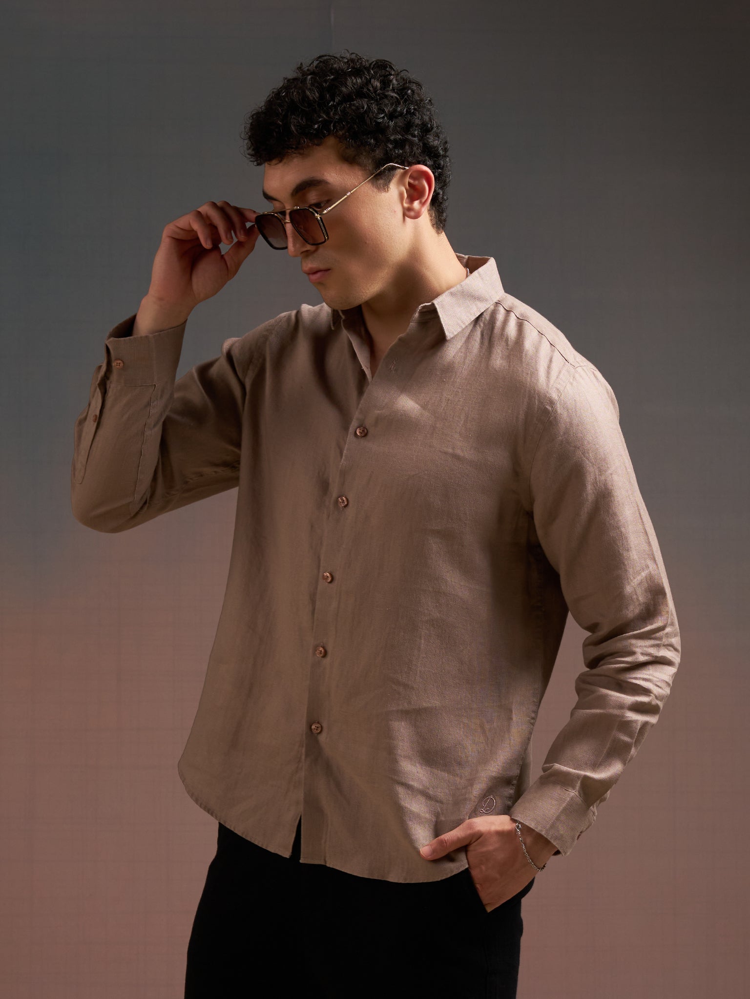 DEEDAT Regular Fit Cutaway Collar Linen Casual Shirt - Brown