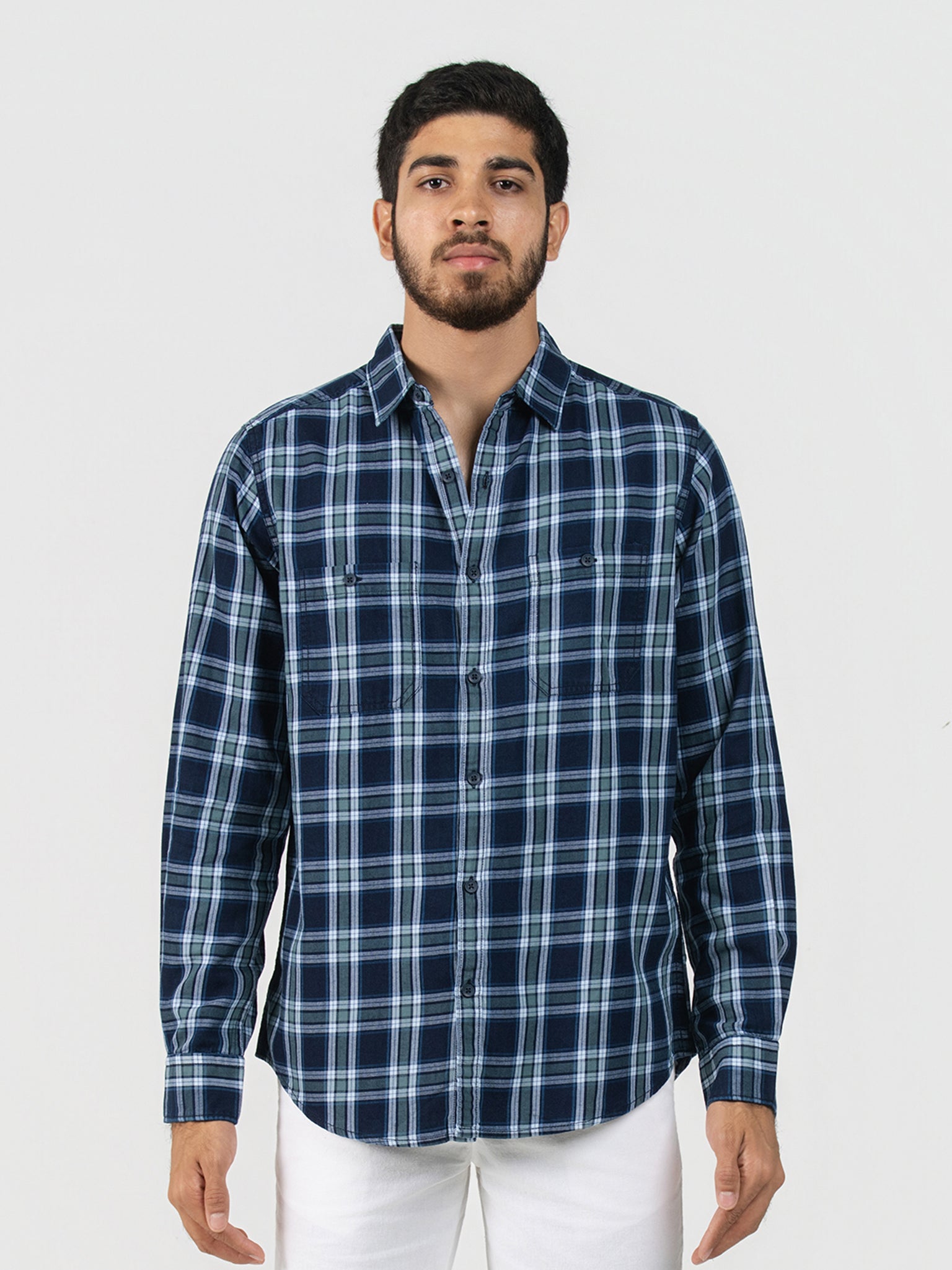 DEEDAT Slim Fit Long Sleeve Check Shirt - Navy Green
