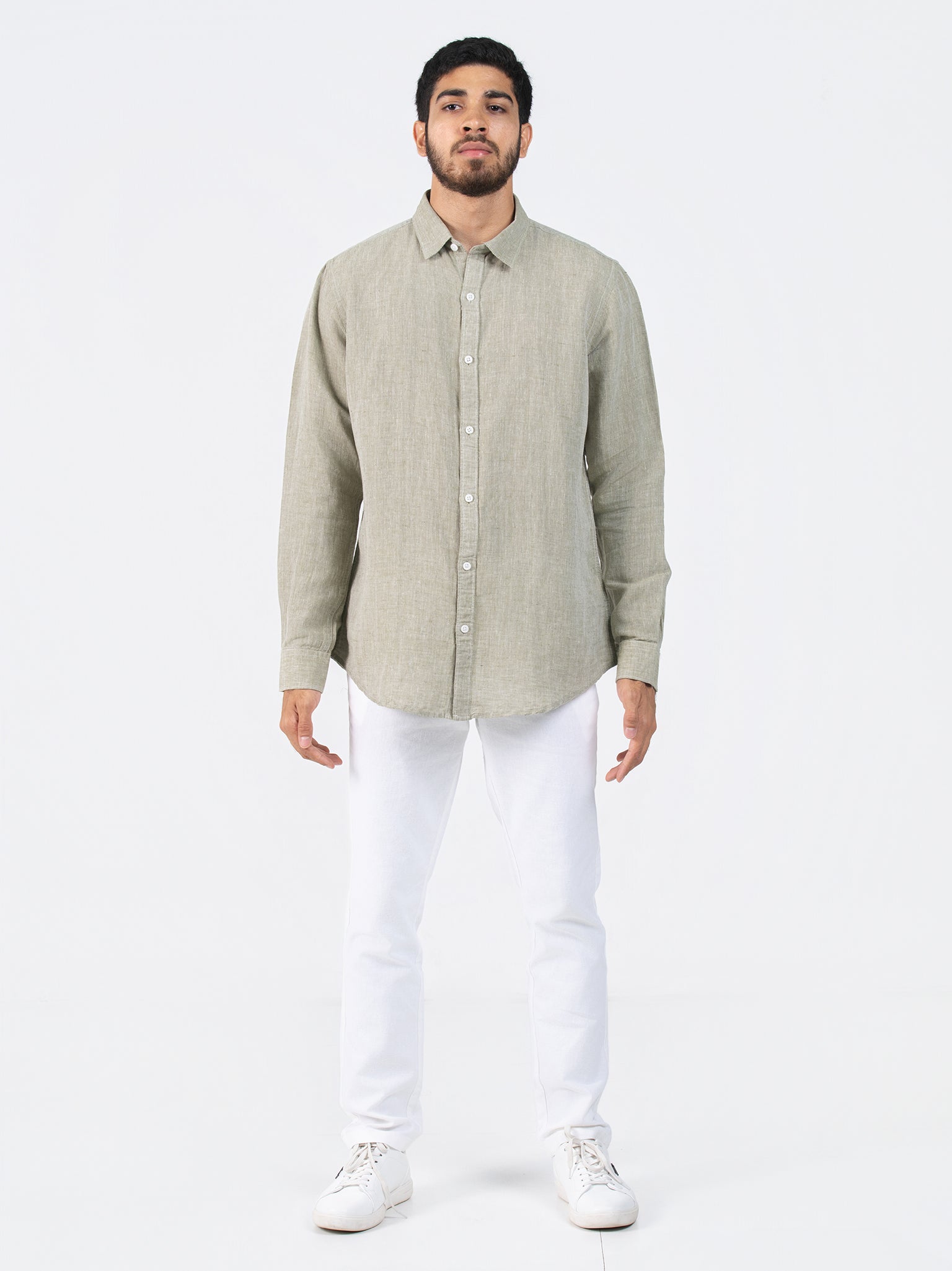 DEEDAT Linen Long Sleeve Shirt - Olive
