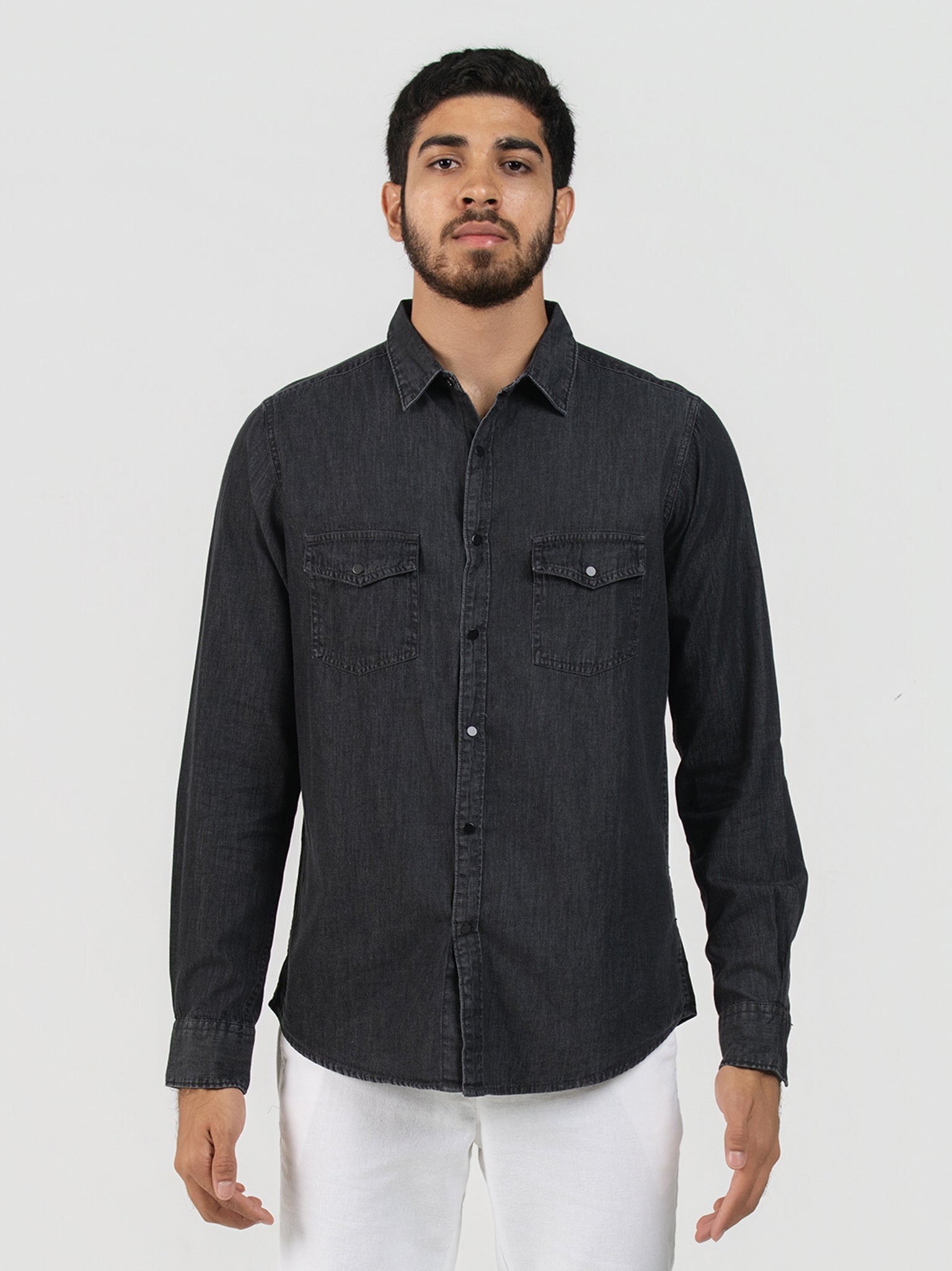 DEEDAT Slim Fit Long Sleeve Shirt - Gray Black