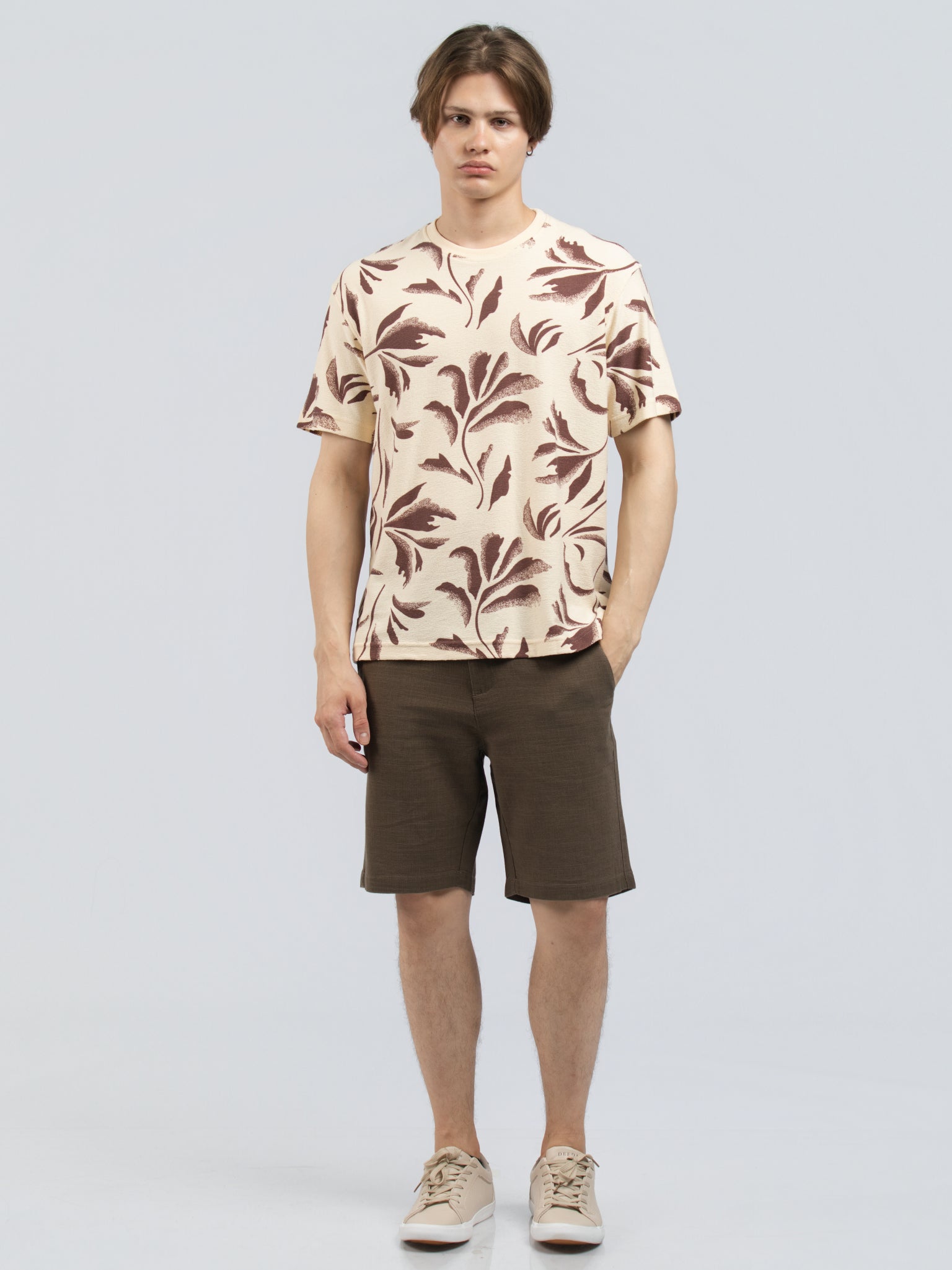 DEEDAT PRINTED Regular Fit Crew Neck Tees - Beige