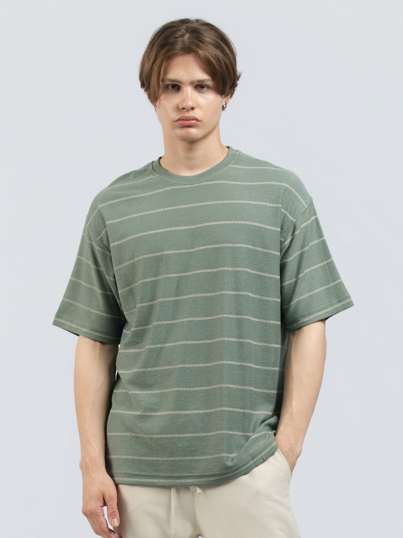 DEEDAT Stripe Oversized Crew Neck Tees - Green