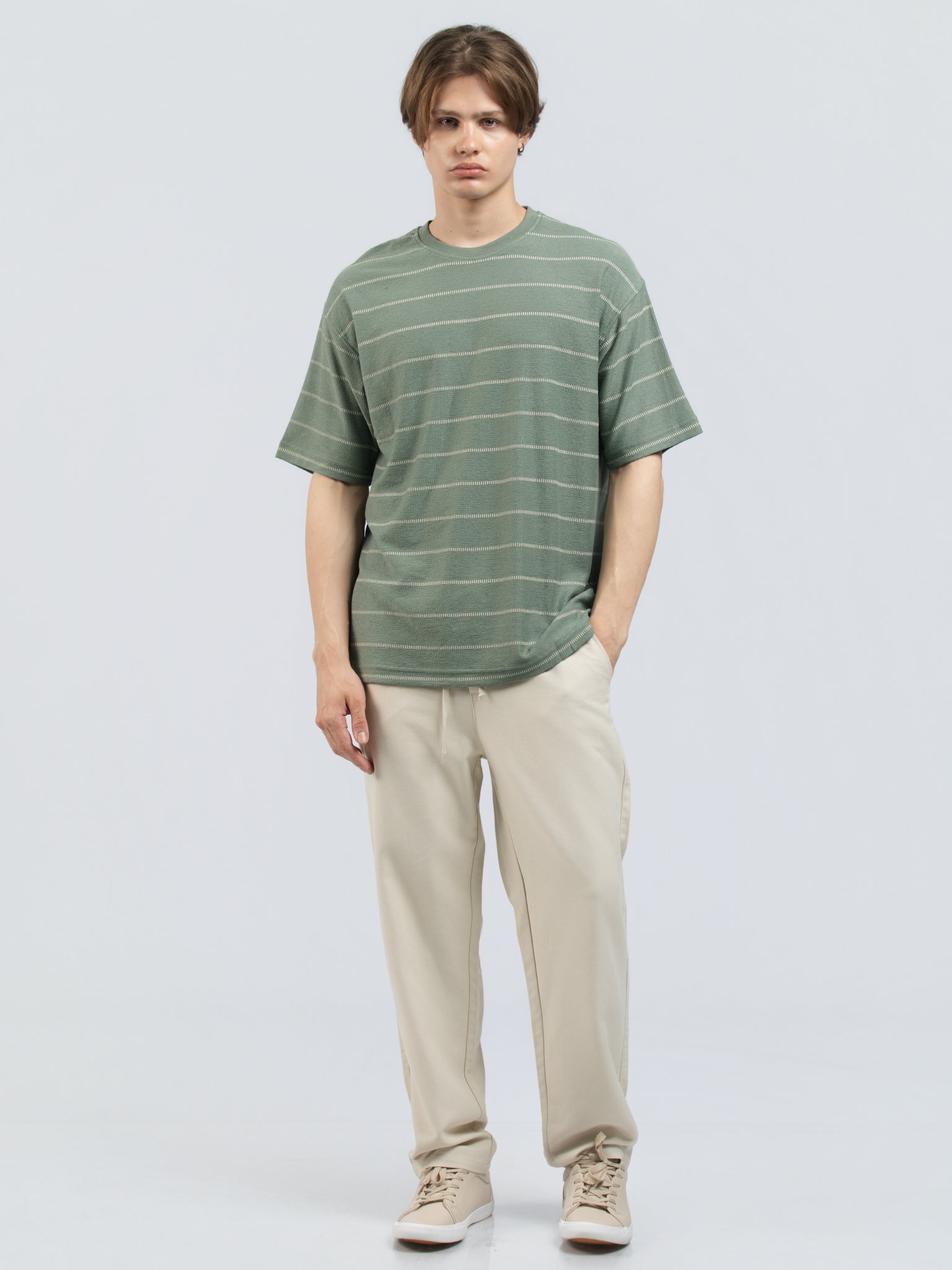 DEEDAT Stripe Oversized Crew Neck Tees - Green