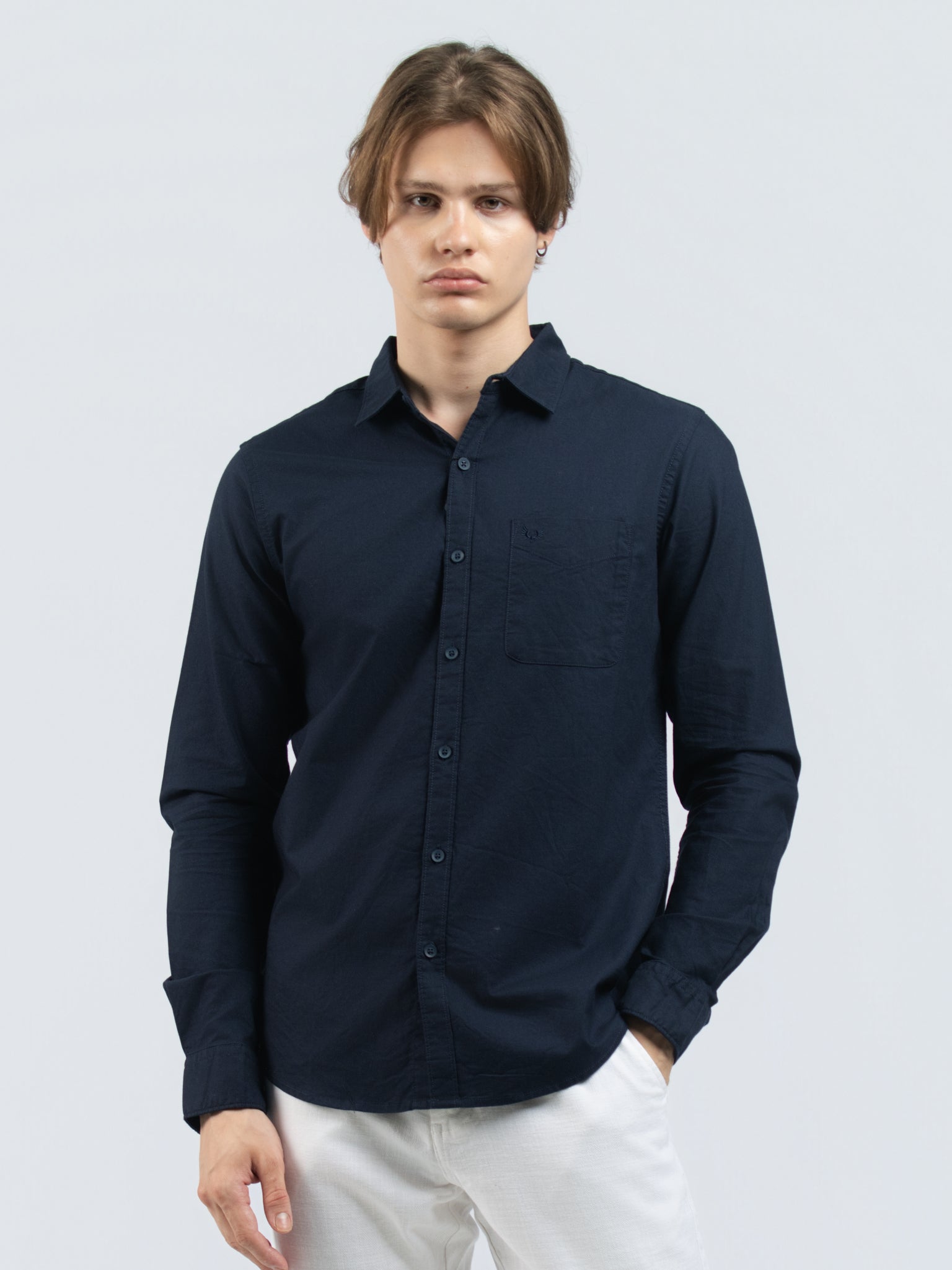 DEEDAT Slim Fit Cutaway Collar Long Sleeve Shirt - Navy